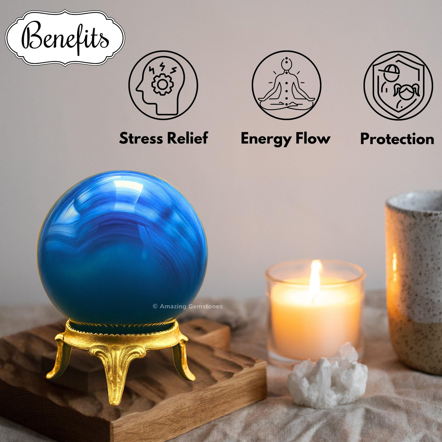 Amazing Gemstone Blue Onyx Crystal Ball with Stand - 2" Inches Crystal Sphere Meditation Balls for Witchcraft and Decorative Balls