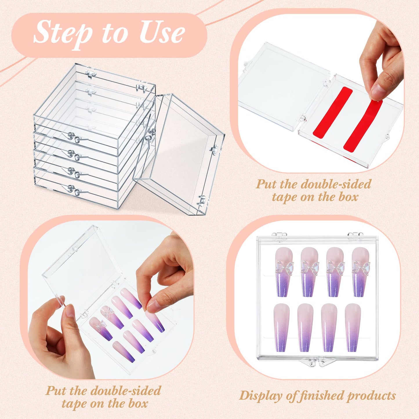 Landhoow 30 Pcs Press on Nail Storage Box with 60 Pcs Adhesive Double Sided Tape Acrylic Artificial False Nail Packaging Display Case Organizer for Art Home Business Salon Supplies(Clear)