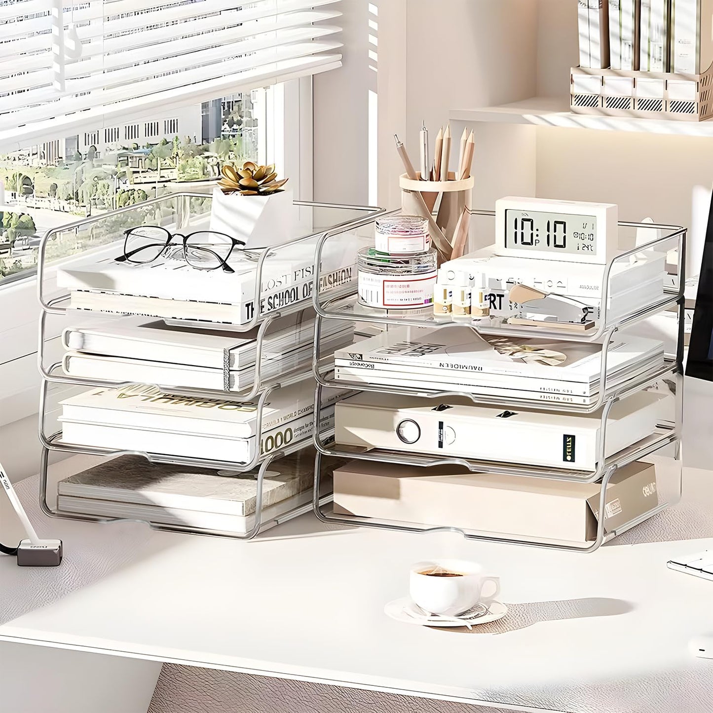 OUTIOE 4-Tier Paper Organizer for Desk, Stackable Desk Organizer Paper Tray, Ideal for Office Supplies, A4 Storage (Clear, 4-Tier)
