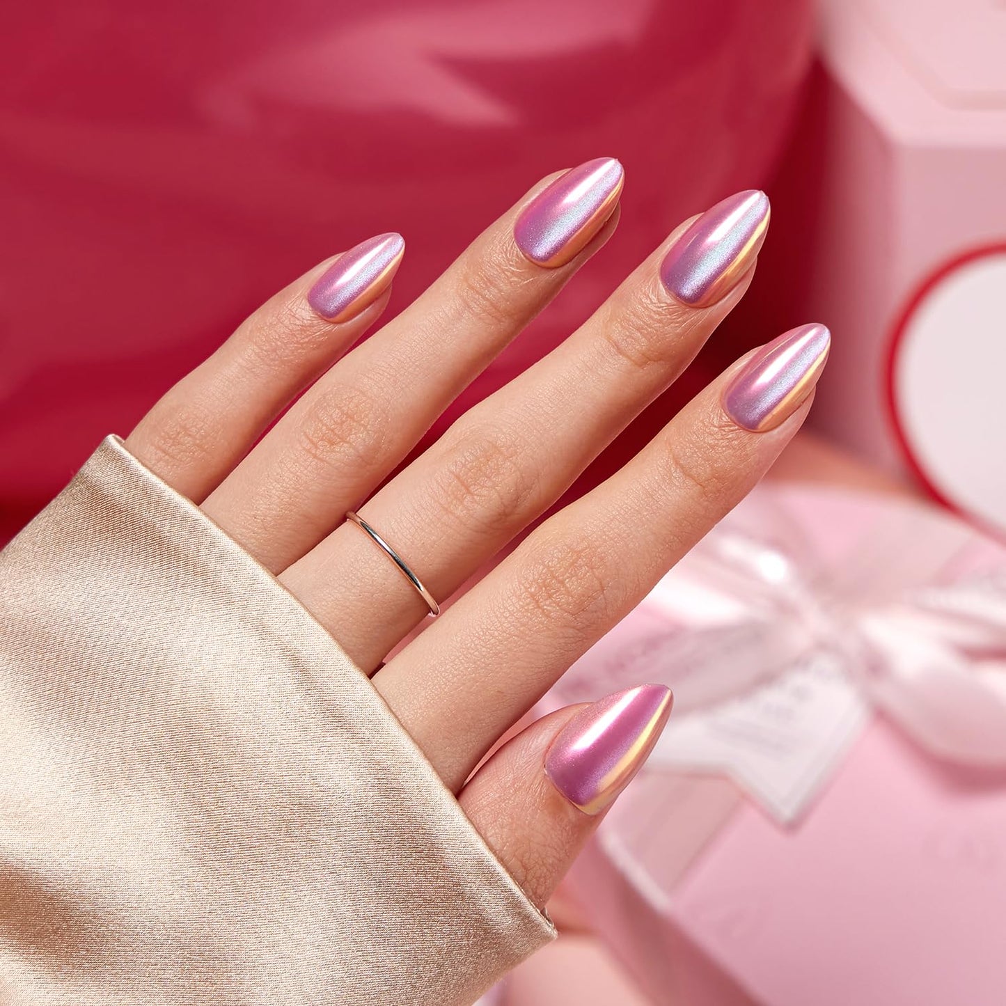 Press on Nails - Short Almond Pink Chrome Cat Eye Nails & Blue Cat Eye - 2 Reusable Nails Kit (Nourishment Nails & Mini Pack) - 16 Sizes