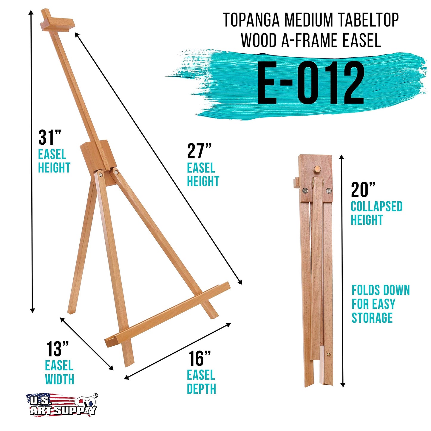 U.S. Art Supply 31" High Wood Studio Tabletop Easel - Adjustable Artist Tripod, Holds Up to 27" Canvas, Folding A-Frame Artist Display Stand - Table Top Easel for Painting