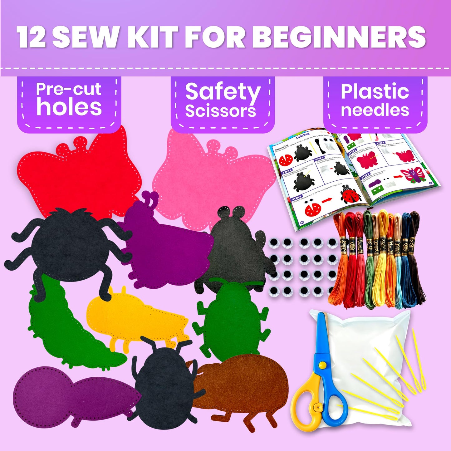 QUOKKA Kids Crafts Ages 4-8, DIY Beginner Needle and Thread Kit - 12 Bugs & Insects Sewing Kit Basic - Fun Art Crafts for Kids Ages 6-8 Girls Boys - Plastic Needles, Scissors - 6+ Year Old Girl Gifts
