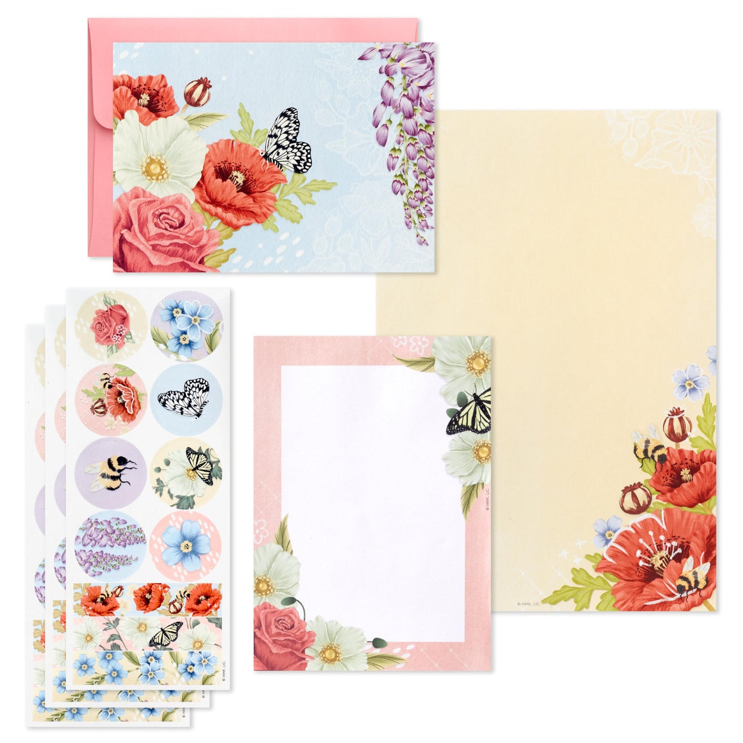 Hallmark Stationery Set with Desk Organizer, Light Pink (10 Blank Cards with Envelopes, 20 Writing Sheets with Envelopes, 75-Sheet Notepad, 30 -Sticker-Seals)