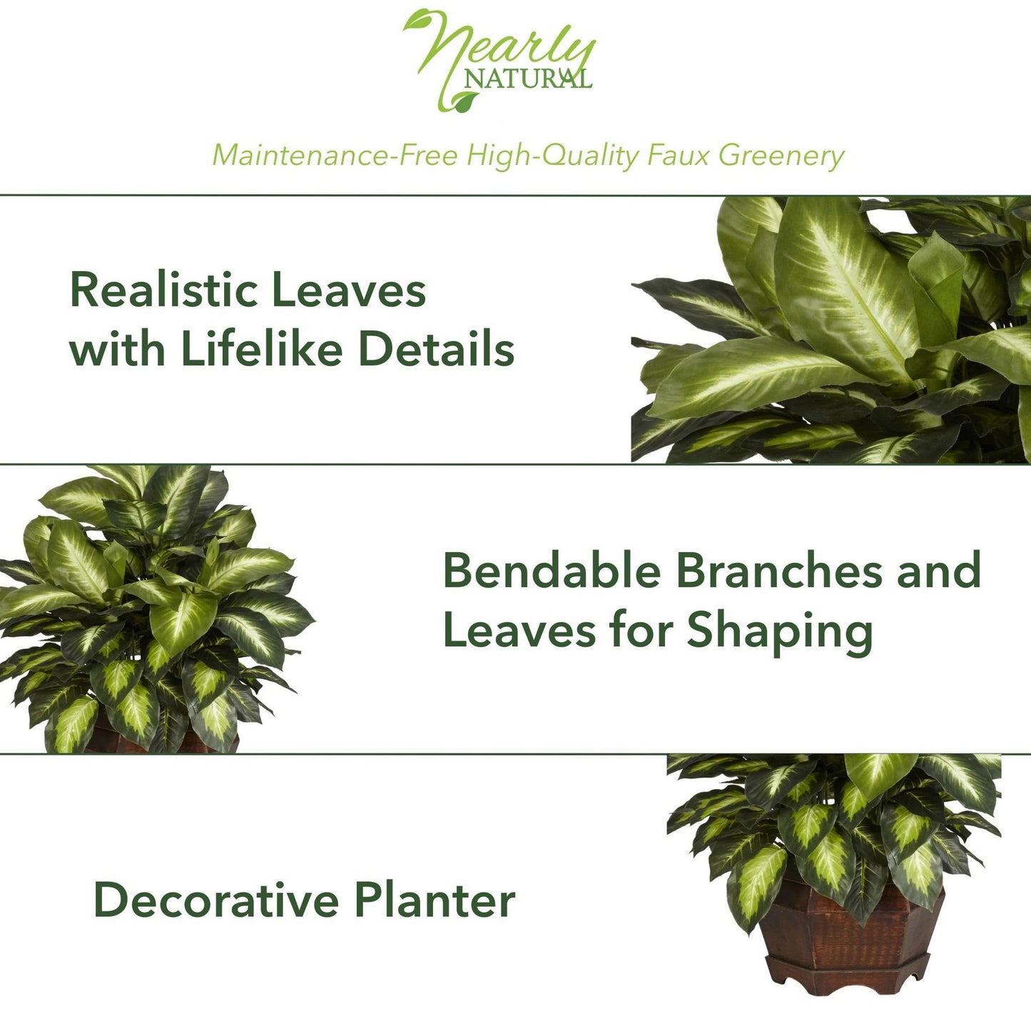 Nearly Natural 24in Dieffenbachia Artificial Plant, Faux Greenery with Decorative Planter for Indoor Home Office Decor, Low Maintenance