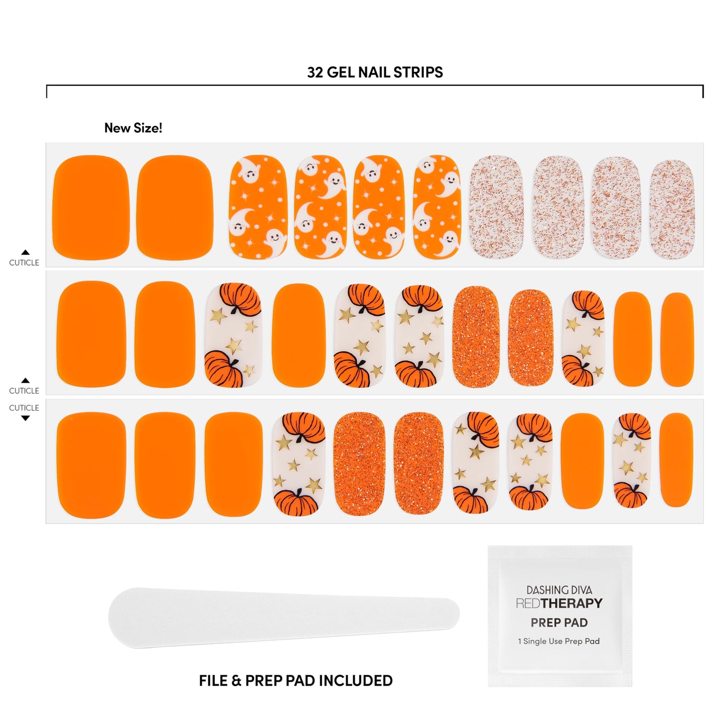 Dashing Diva Gloss Nail Strips - Pumpkin Charm | UV Free Gel Nail Wraps - Chip Resistant, Long Lasting | Includes 32 Wraps, 1 Prep Pad, 1 File