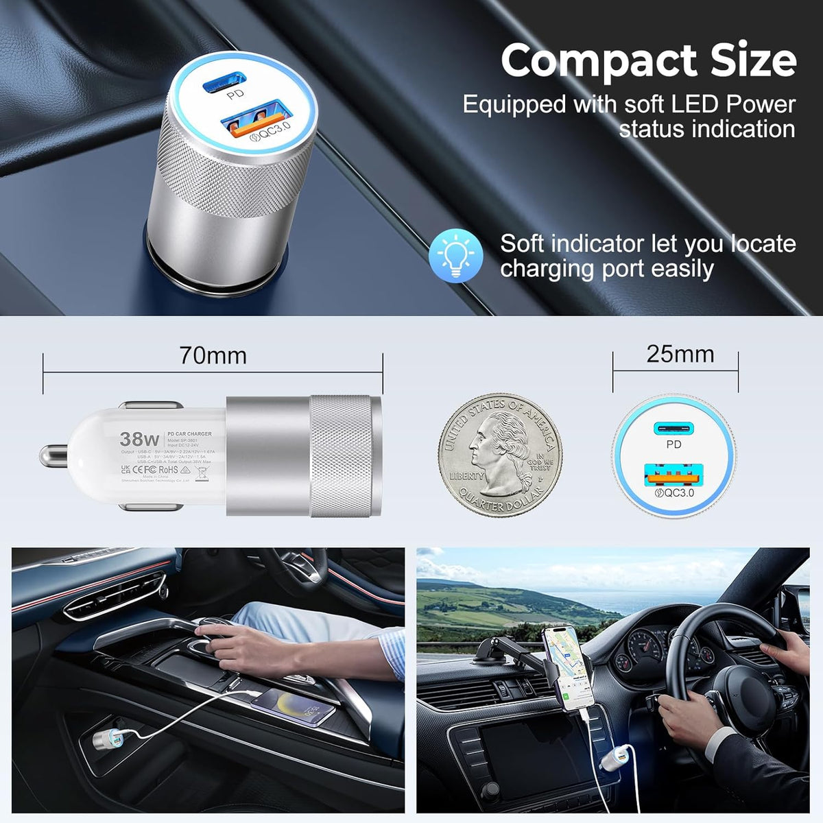 Car Charger USB C 6-Pack, Ancekoy 38W Dual Port Cigarette Lighter with PD3.0 + QC3.0 Type C Car Charger Adapter iPhone 16/15 Pro Max/Samsung Galaxy S24/S23/S22Plus/Ultra/,iPad Pro(White)