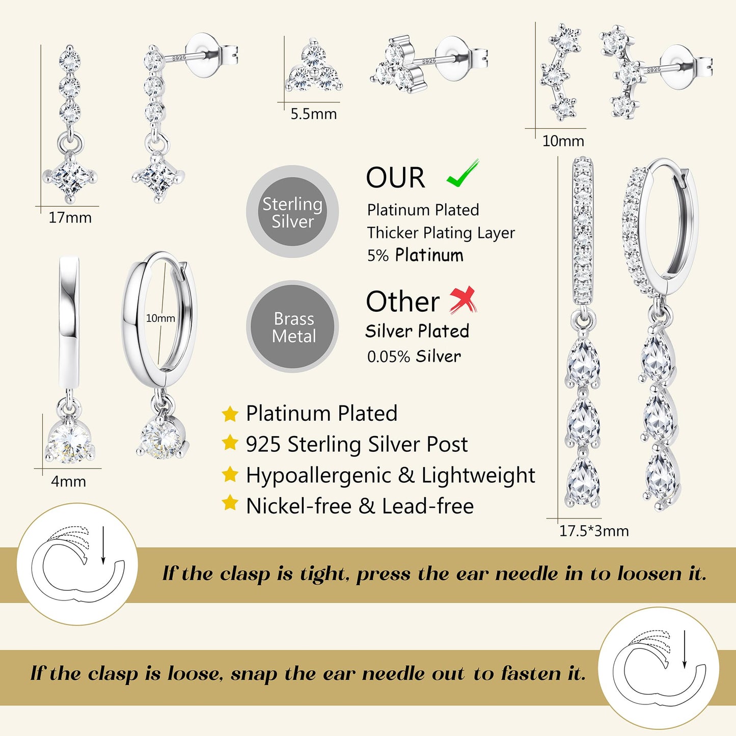 MILACOLATO 5Pairs 925 Sterling Silver Earrings for Women Platinum Plated Stud Huggie Hoop Earrings Sets for Multiple Piercing Hypoallergenic CZ Cartilage Earrings Stacks Trendy Gifts