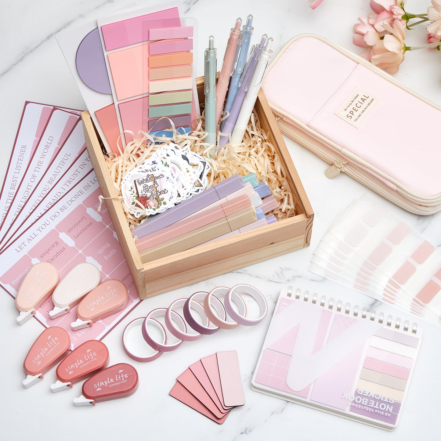 AmazingSpark 95 Pcs Aesthetic Study Kit with Cute Pen Case, Bible Study Journaling Kit, Highlighters, Sticky Notes, Pens, Washi Tapes, for College Students, School Supplies