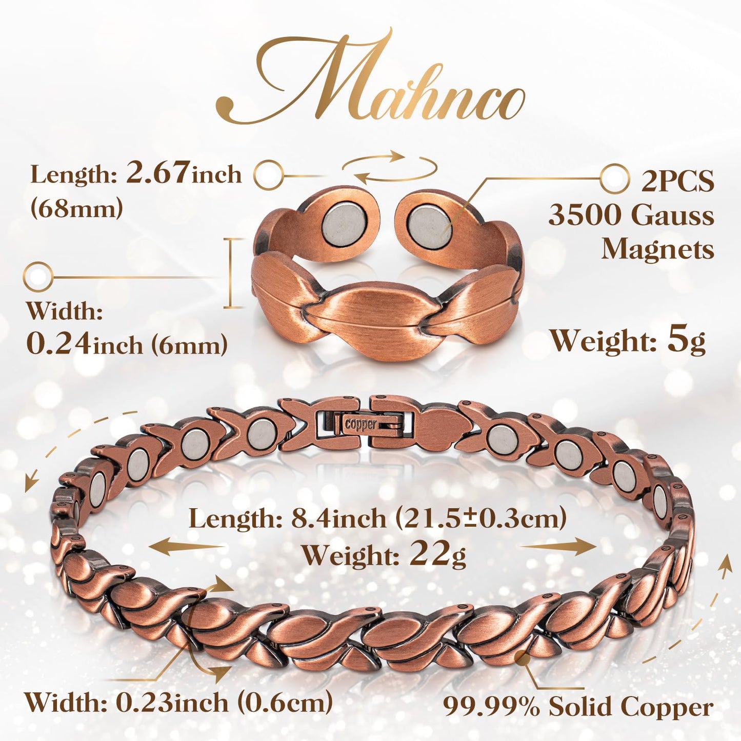 Copper Bracelets for Women Arthritis Lymph Detox Magnetic Bracelet, 100% Solid Pure Copper Bracelet with 3500 Gauss Magnets & Leaves Copper Ring with Adjustment Tool…