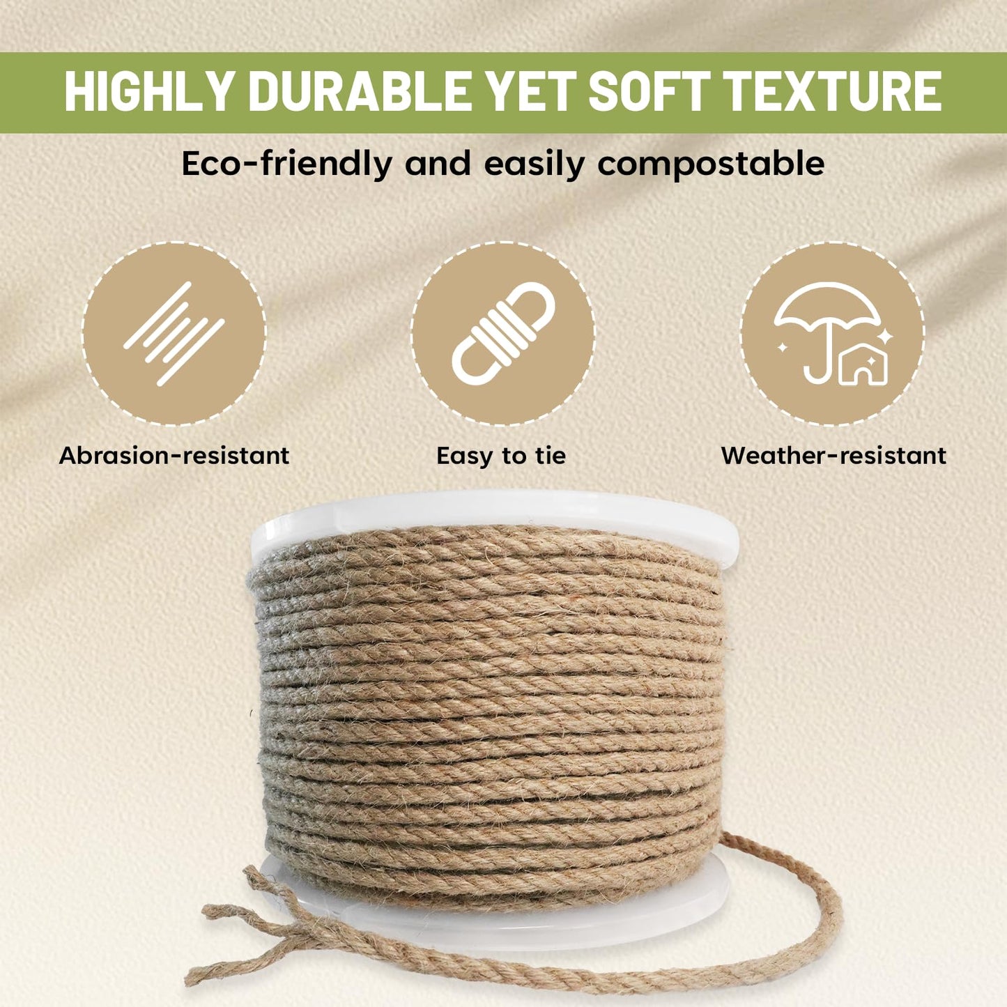 SDHUATUO Jute Twine Rope 6mm x 164ft, Natural Hemp String for Gardening, Crafting, Cat Scratching Post, DIY Crafts, Bundling, Home Decor, Gift Wrapping