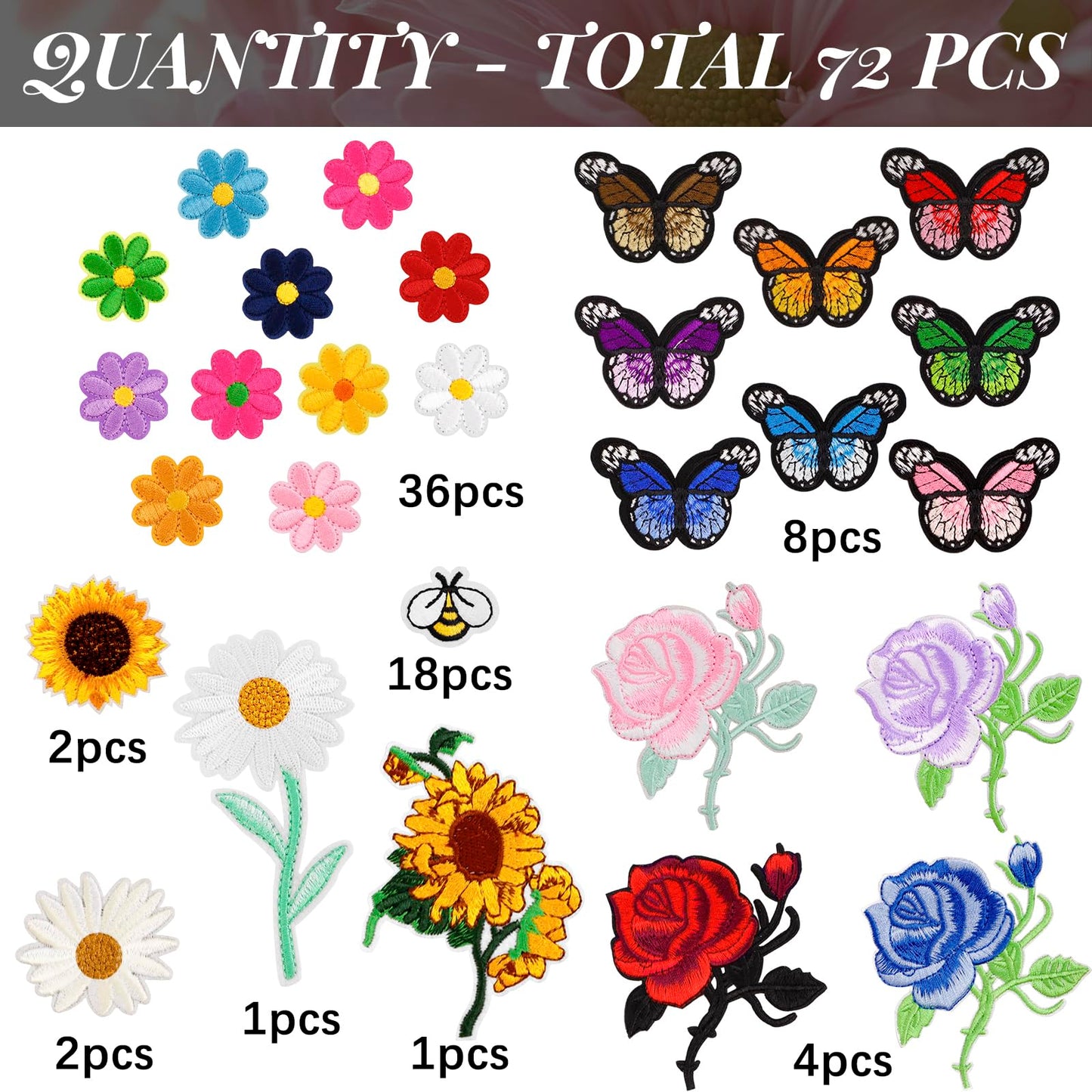 RETON 72 Pcs Embroidered Iron On Patches for Clothing, Butterfly Flower Iron On Patches Set, Bee Rose Daisy Embroidered Patches, Applique Patches for Clothes, Jackets, Jeans, Backpacks
