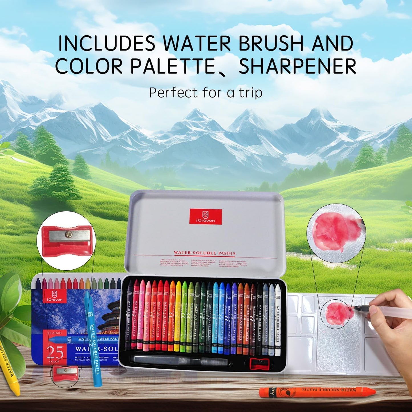 25 Colors Water-Soluble Pastel Crayons Set, Multi-Technique Art Kit with Brush & Palette, Versatile for Watercolor, Oil Pastel & Ink Effects, Easy Blending for Beginners, Sketching & Creative Drawing