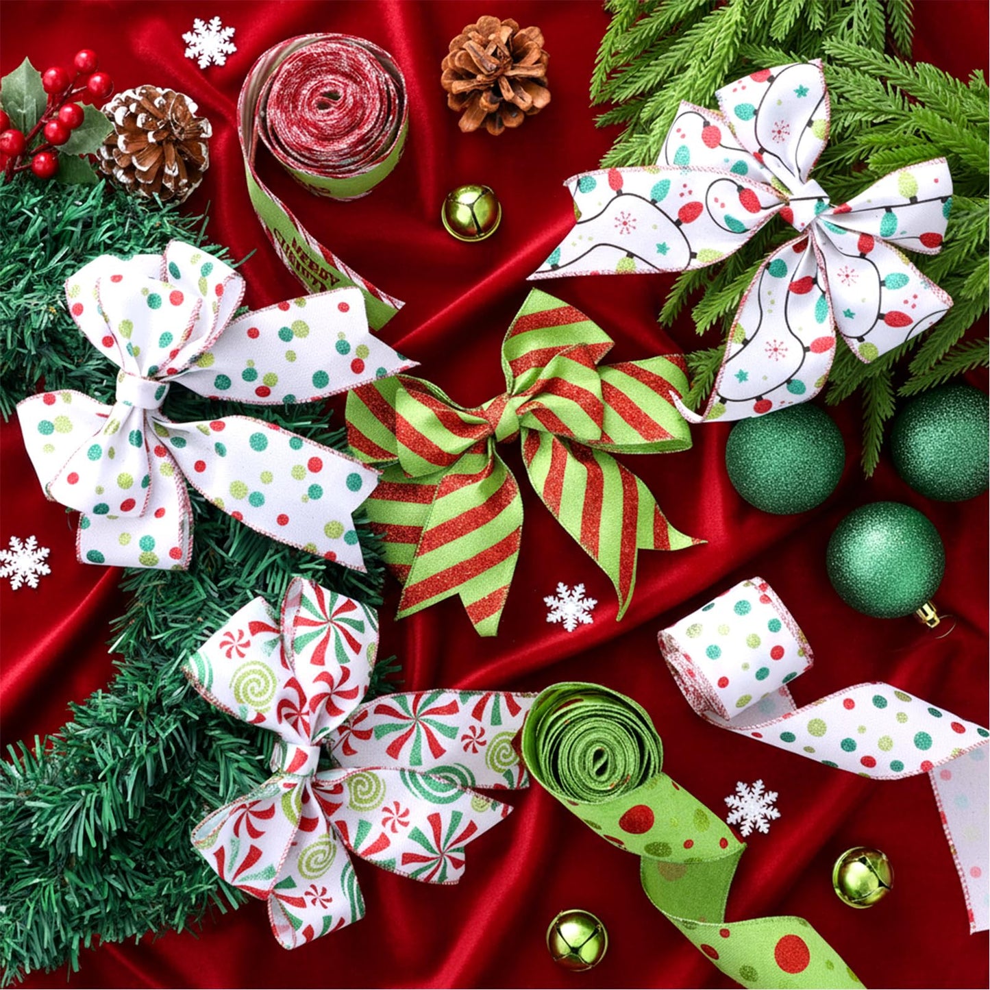 Suncalla 6 Rolls 32 yd Christmas Wired Ribbons 2 Inch Glitter Lime Green Stripe Christmas Ribbon Red and Green Polka Dot Bow DIY Crafts for Xmas Tree Wreaths Decor Xmas Gift Wrapping Home Decoration
