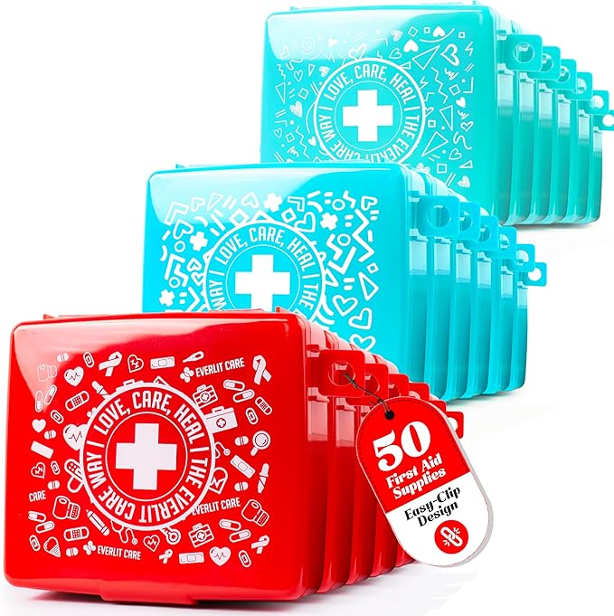 EVERLIT Pocket-Aid Mini First Aid Kit | Compact, Portable Hard-Shell Cases of 50 Items | Cuts, Scrapes, Wound Care Essentials for Travel, Outdoor, School, Camping, Home, Office (24 Packs | 1200 Pcs)