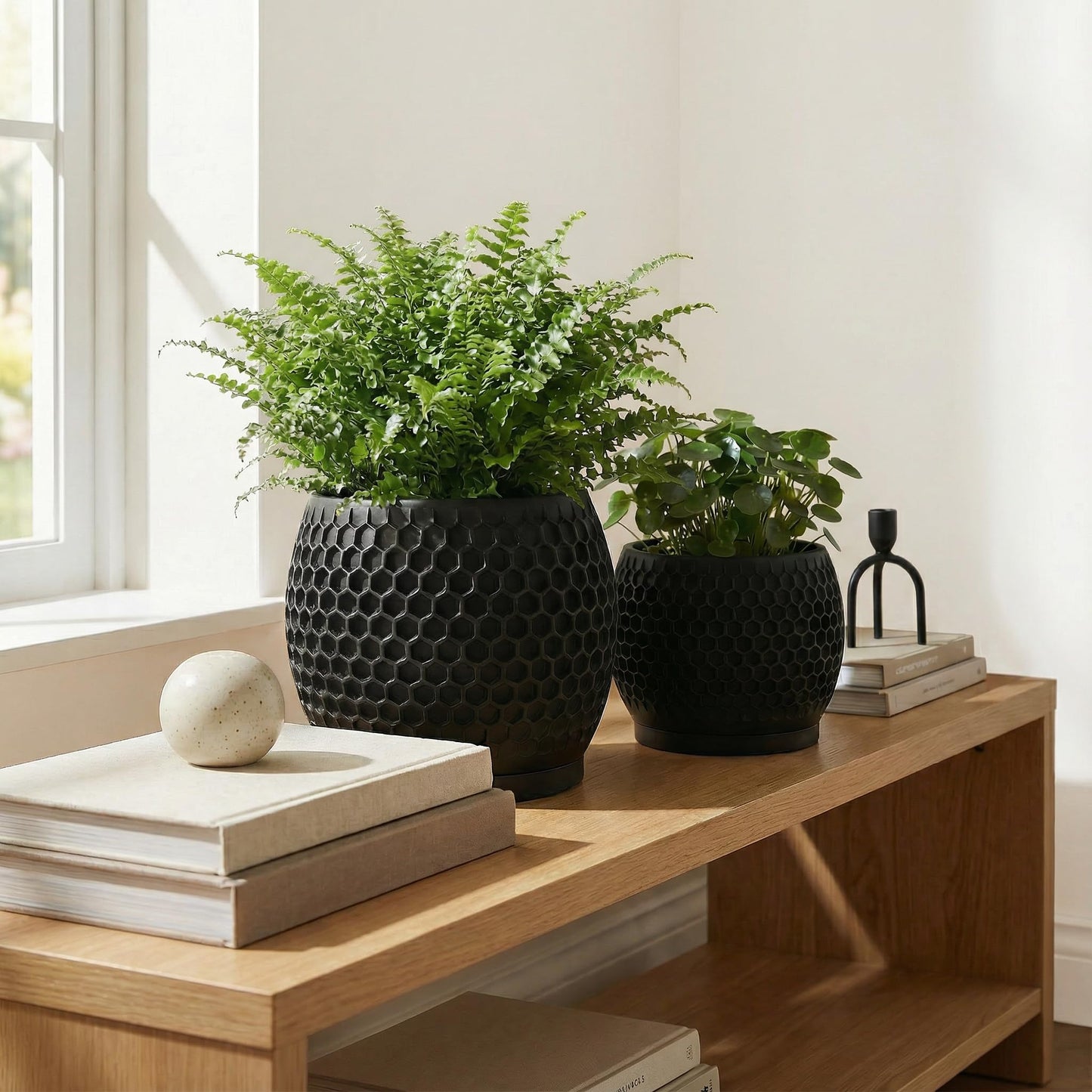 Fabix3D Plant Pots, Modern 3D Printed Honeycomb Planters for Indoor Plants, 4.7/6 Inch Matte Black Decorative Flower Pot for Office Desktop, Bookshelf & Home Decor, Lightweight & Durable.