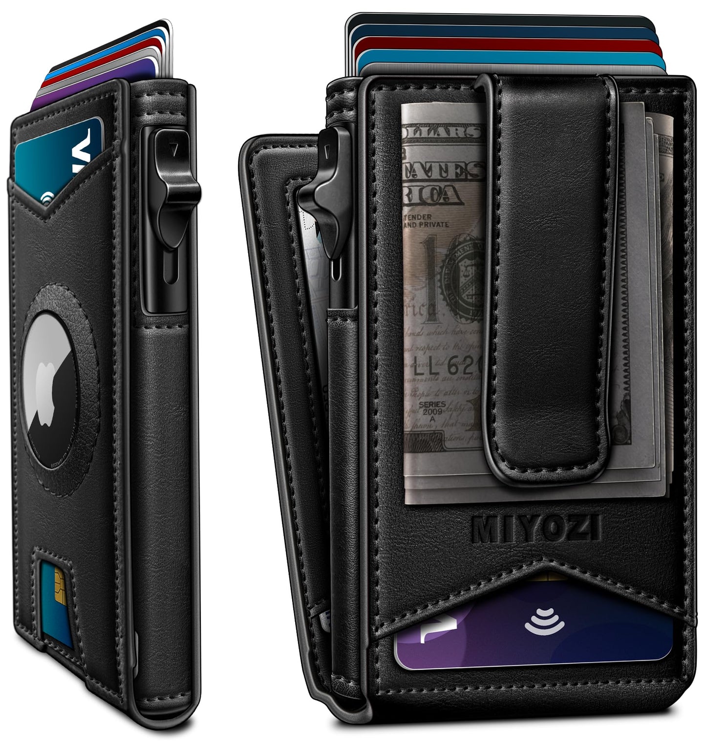 miyozi Airtag Wallet for Men Money Clip 9-Card Pop-Up Credit Card Holder with ID Window RFID Blocking Metal Case Magnetic Closure Front Pocket Wallet Gift Box