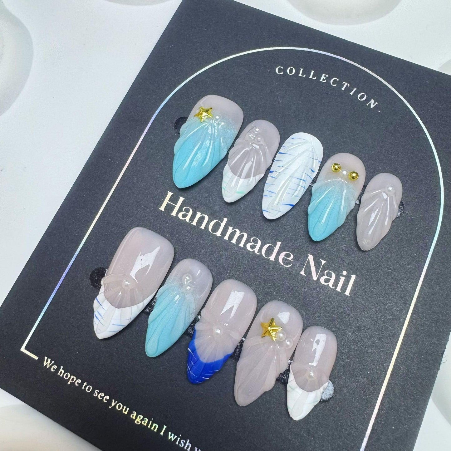 100% Handmade Press on Nails Medium Almond Fake Nails Summer Acrylic Handmade Nails Press Ons Ocean Seashell Waterdrop False Nails for Women Girls Manicure Size M