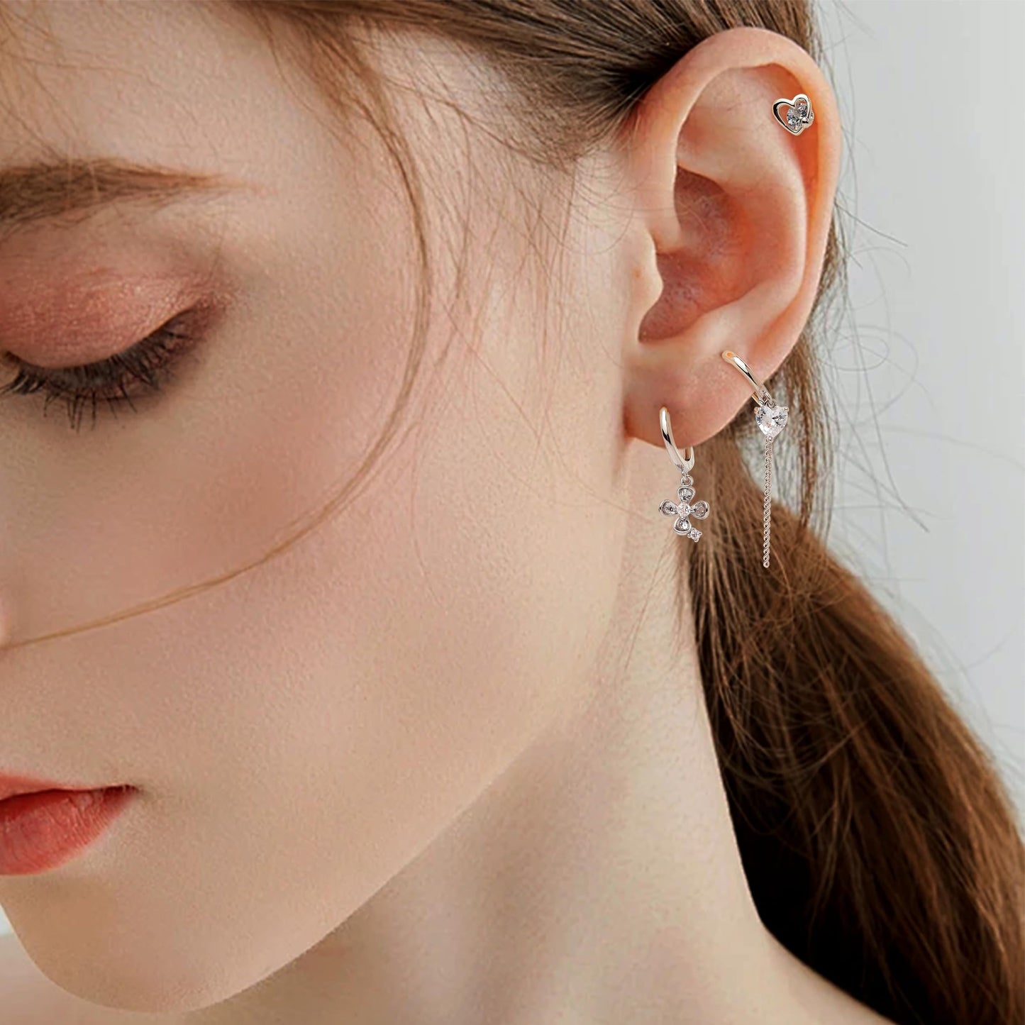 Frigotine Silver Butterfly Heart Small Hoop Stud Earrings Stack Set for Women, Dainty Sparkly Rhinestone Crystal Drop Multiple Piercing Cartilage Huggie Earing Holiday Prom Fashion Jewelry Gift