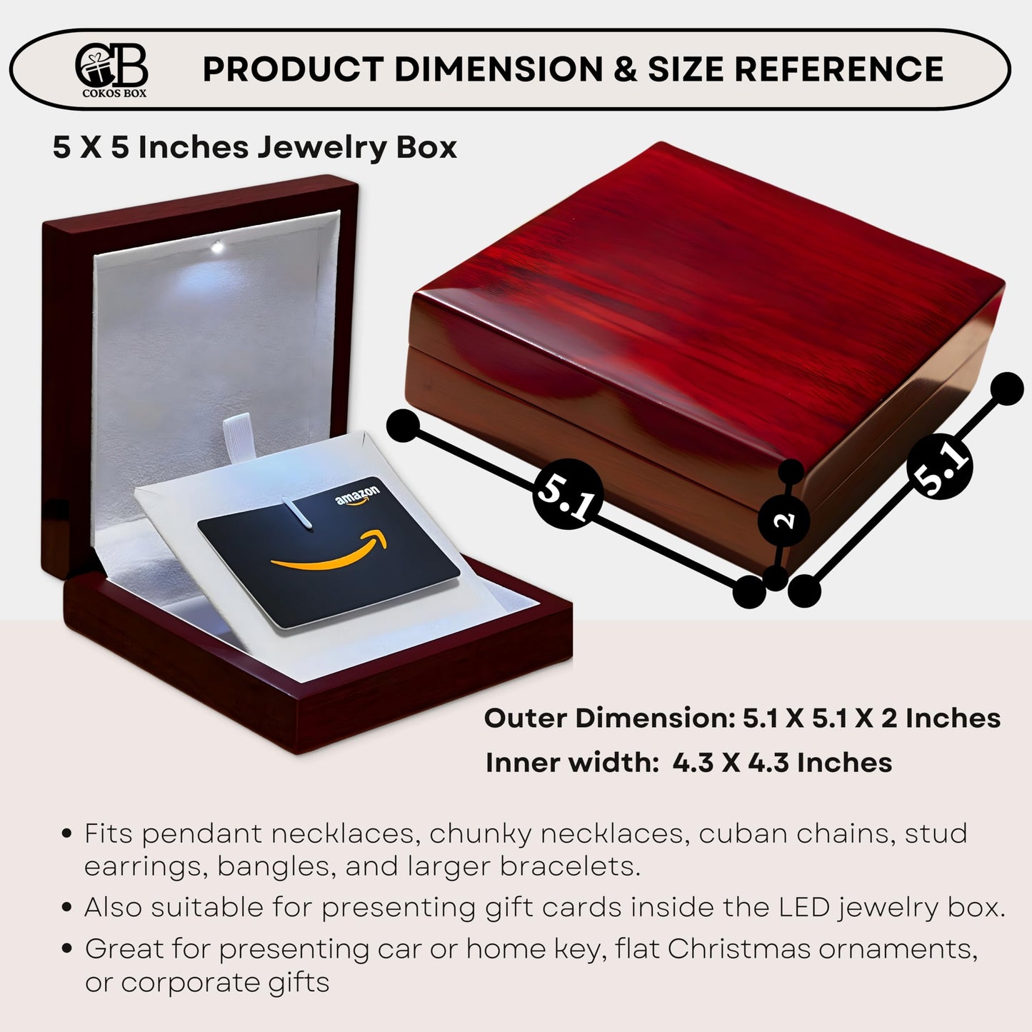 Necklace Box with LED Light – Small Jewelry Display Case for Bracelet, Earrings, or Chains – Luxury Lighted Wooden Presentation Box for Gifts, DIY Crafts (Mahogany White Interior, 5 X 5 Inch)