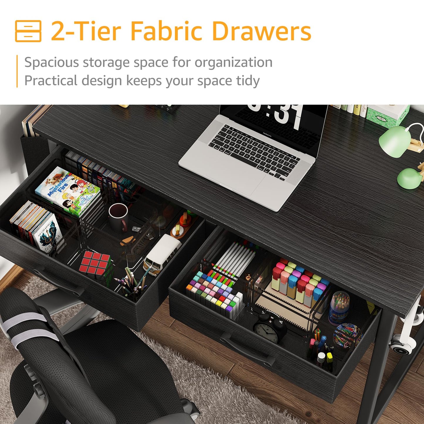DLisiting Small Desk with Fabric Drawers for Bedroom, 32 Inch Gaming Desk with 2 Drawers for Small Space, Study Writing Table PC Desks, Black