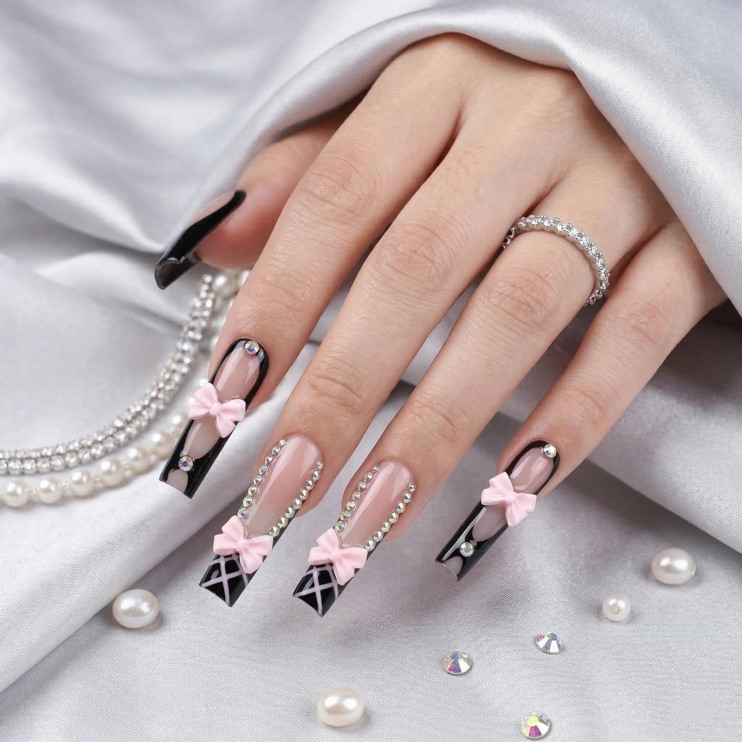 Long Press on Nails Square Fake Nails Black Acrylic Nail Press ons Seeneey Pink Bow Designs Sparkly Rhinestones Stick on Nail for Women 24pcs