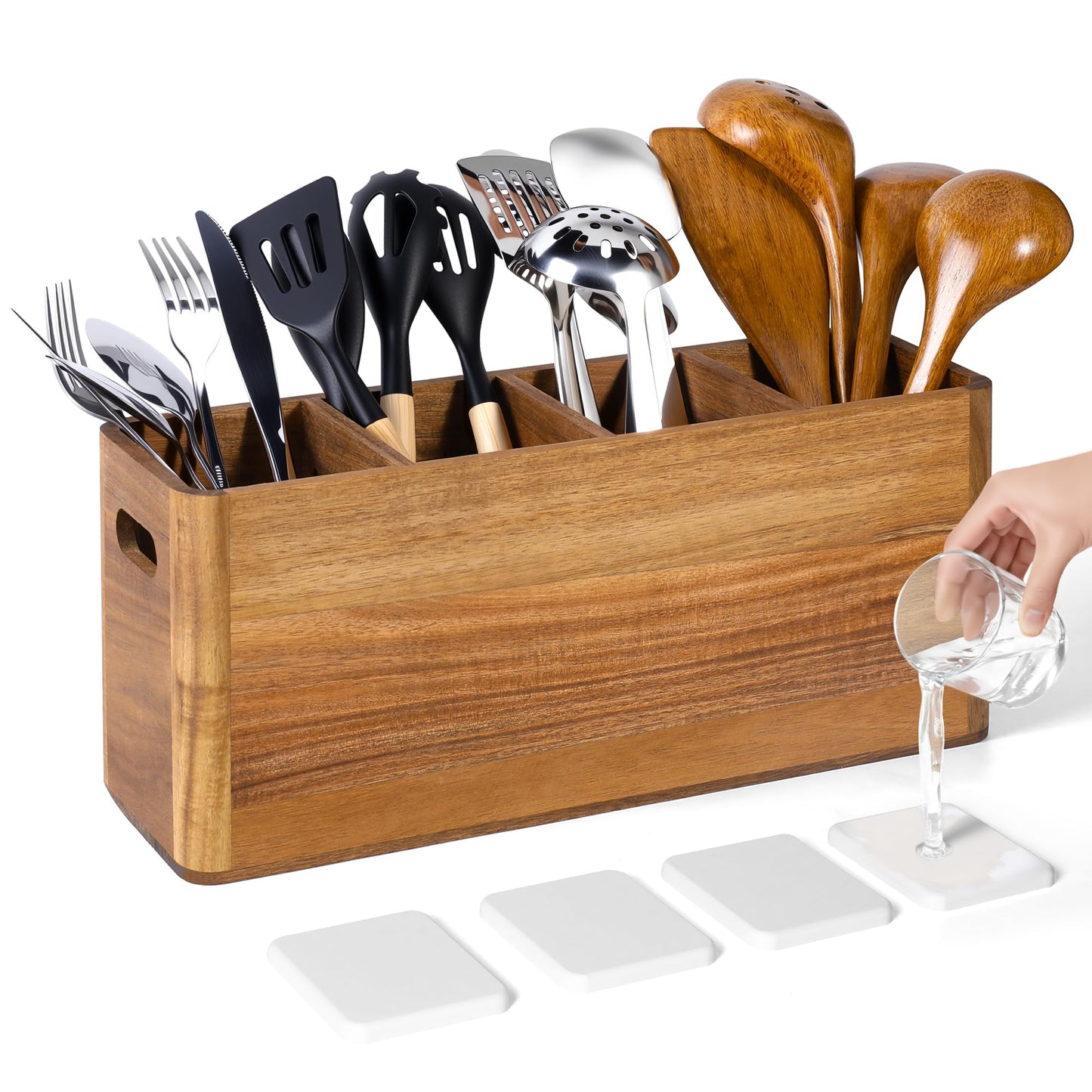 HousewoW Wooden Utensil Holder for Kitchen Counter, Cooking Utensils Holder for Countertop, Kitchen Utensils Holder for Countertop, Large Utensil Holder for Kitchen Counter (Brown, 4 Compartment)