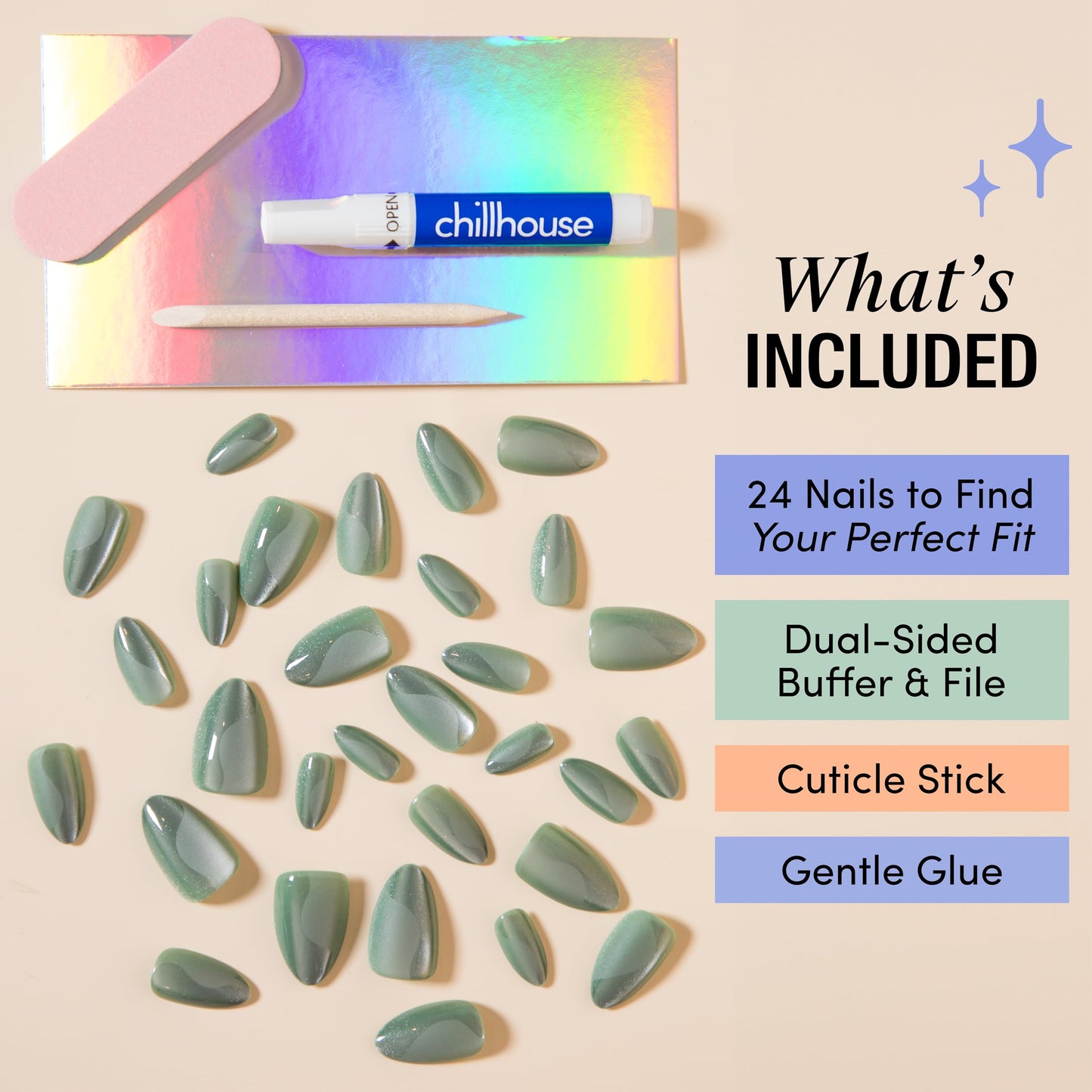 Chillhouse - Chill Tips, Press On Nails Kit - Groovy Baby (Oval), Sea Siren (Almond), Gone Riding (Almond)