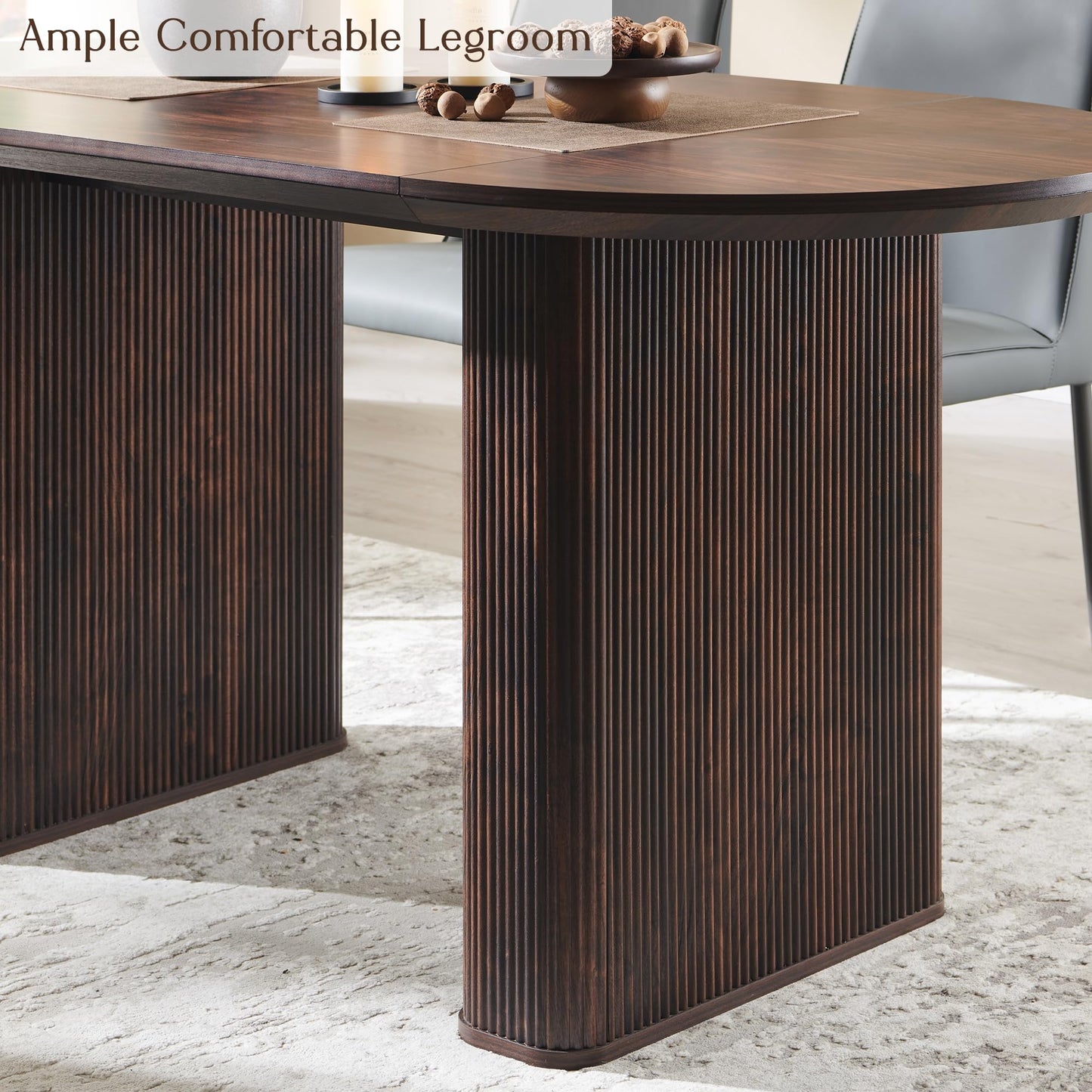 T4TREAM 63" Fluted Oval Dining Table for 4-6, Mid-Century Modern Kitchen Table with Thickened Edge & Strip Pedestal Base, Wood Luxury Table for Dining Room/Kitchen/Home Office, Walnut (Table Only)