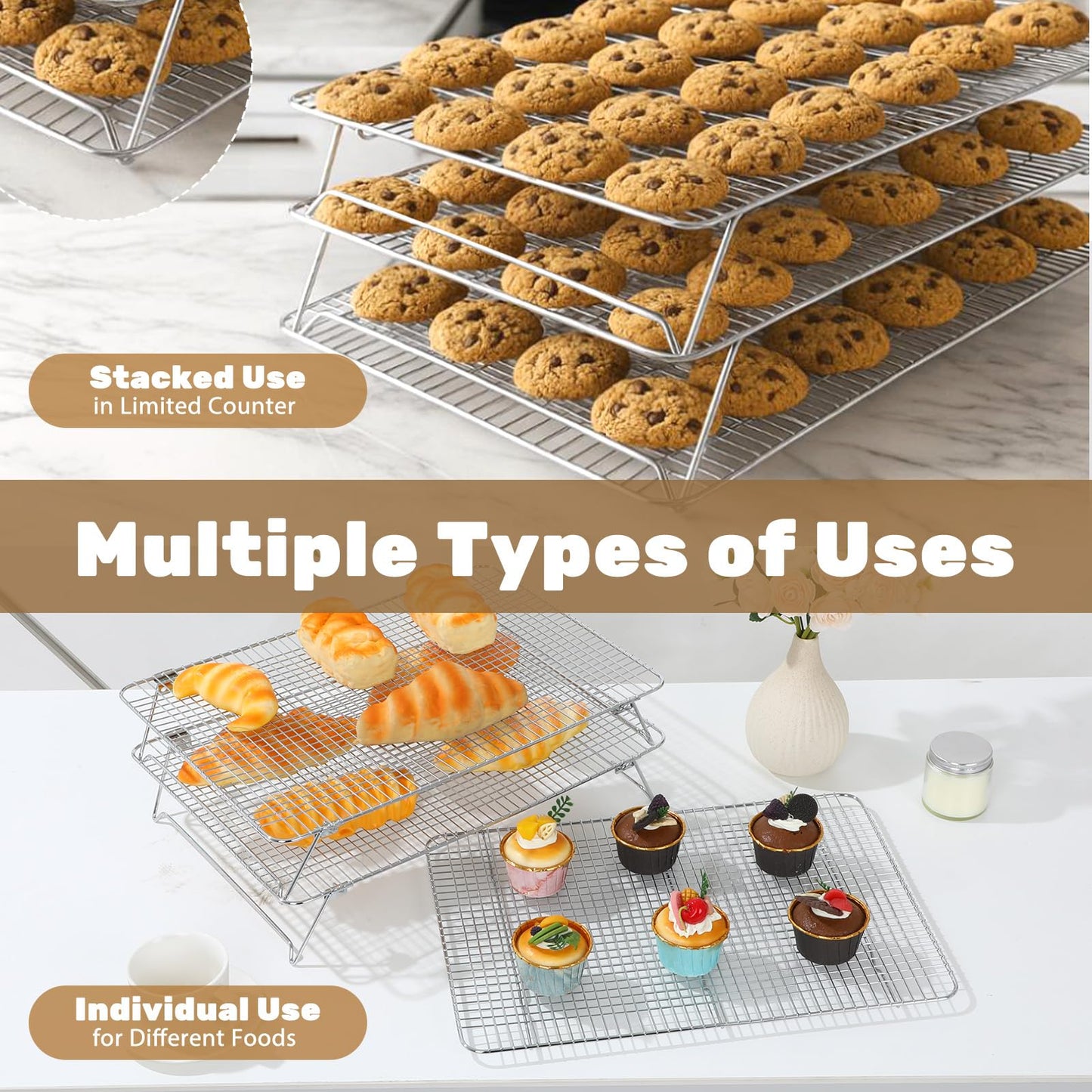 Stainless Steel Stackable Cooling Rack for Baking, 3-Tier Cooling Rack Set, Stackable Heavy Duty Stainless Steel Wire Racks, for Baking Cooking Grilling, Oven & Dishwasher Safe, 12”x 16.5”, Silver