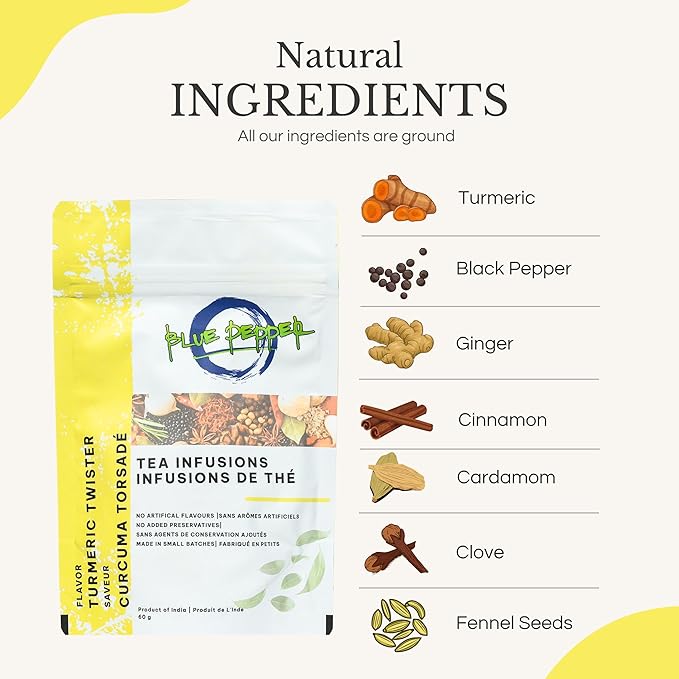 Blue Pepper Turmeric Twister Tea Infusion Blend - Premium Herbal Turmeric Twister - All-Natural Ingredients, No Artificial Flavors - No Added Sugar - Caffeine Free - Golden Milk