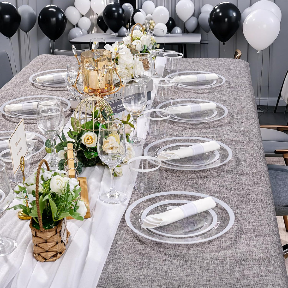 I00000 210 Pcs Clear White Plates for 30 Guests, White Dinnerware Include 60 Plates, 30 Cups, 30 Pre Rolled Napkins with Cutlery Set for Party and Wedding