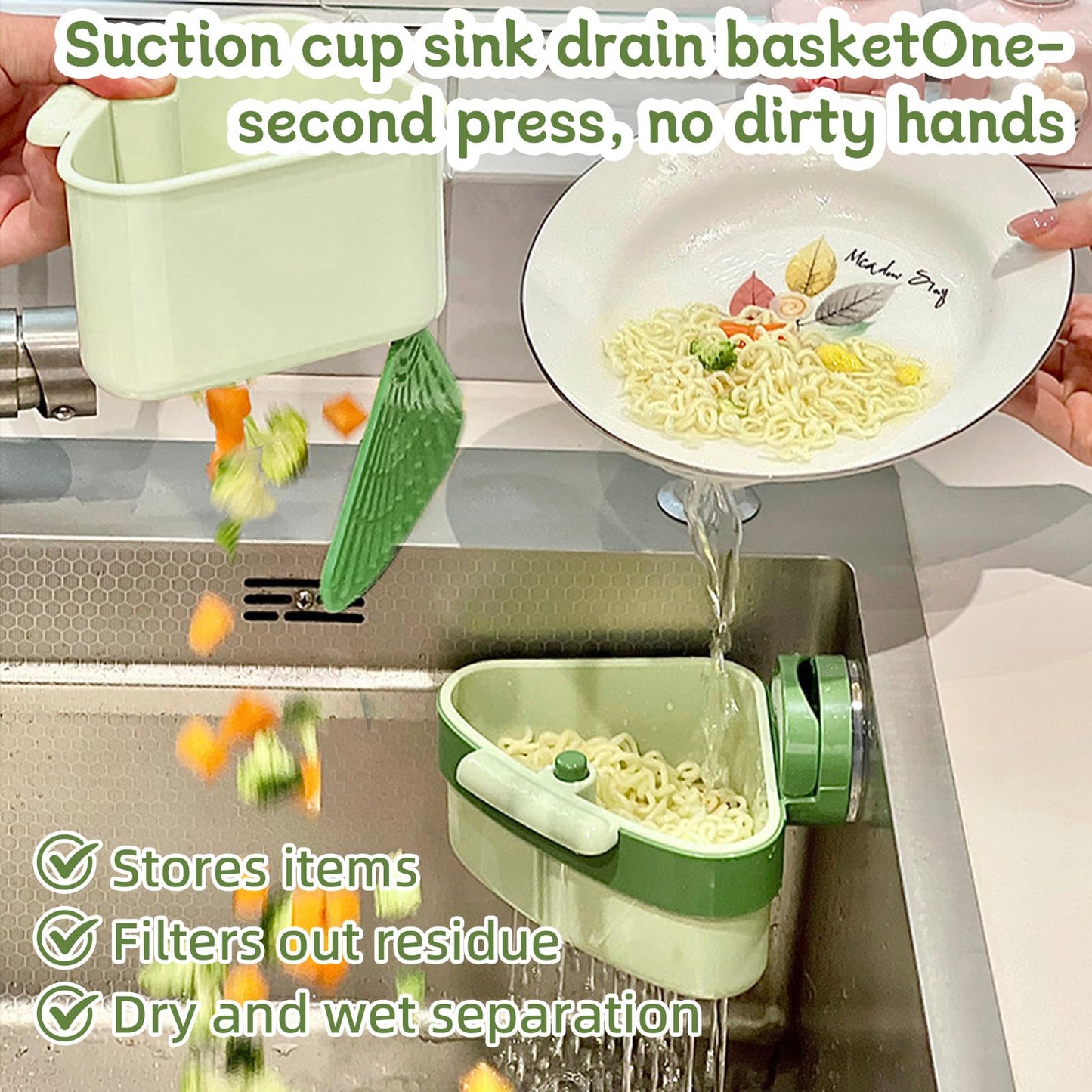 Suction Cup Sink Corner Rack 2026 Upgrade Corner Sink Strainer Basket Automatic Dumping Suction Cup Press Sinks Drainer Basket Faucet Sponge Storage Rack Food Waste Catcher for Sink (1PC - Green)