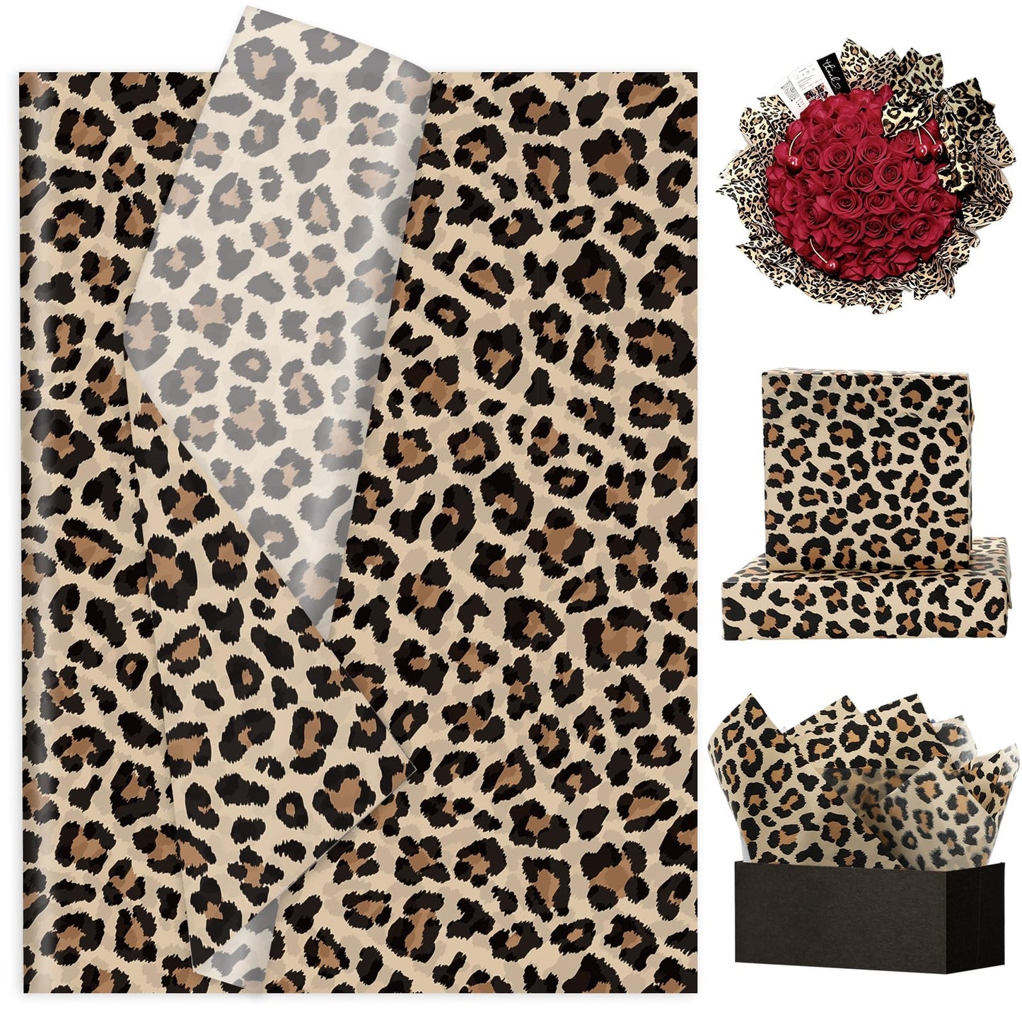 60 Sheets Leopard Print Tissue Paper Gift Wrapping Paper Floral Bouquet DIY Art Crafts Tissue for Wedding Birthday Holiday Party, 14 x 20 Inch