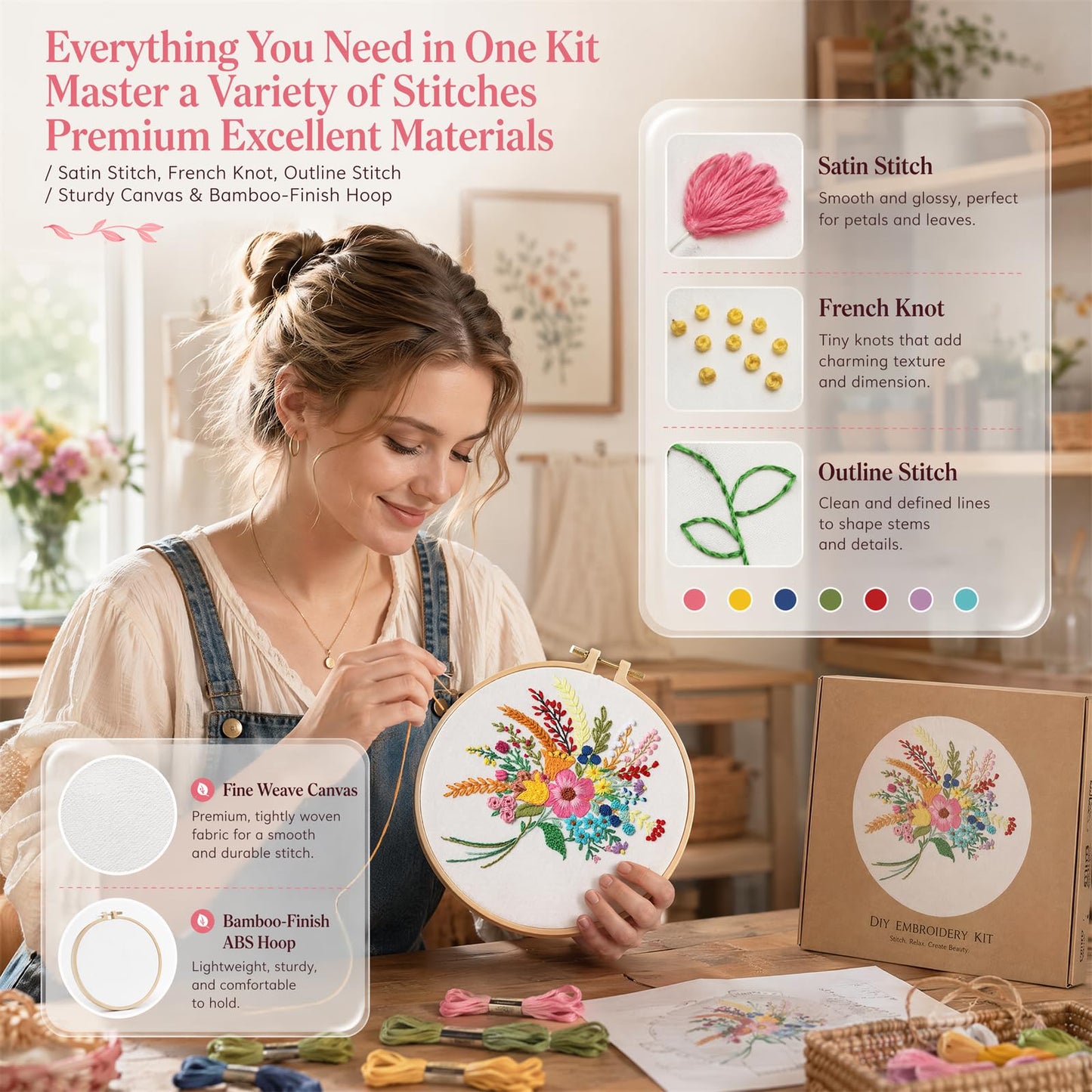 Huacan Embroidery Kit for Beginners Flower Pattern Printed Fabric with Hoop & Full Tools