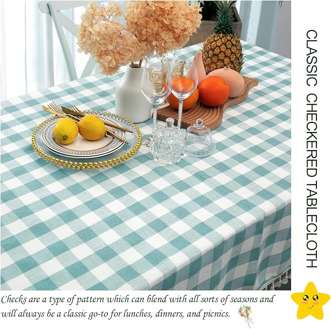 Checkered Rectangle Tablecloth, Heavy Weight Cotton Gingham Table Cloth Plaid Table Cover for Spring Summer Picnic Kitchen Dinner Restaurant Outdoor Easter Party（55x70,Aqua