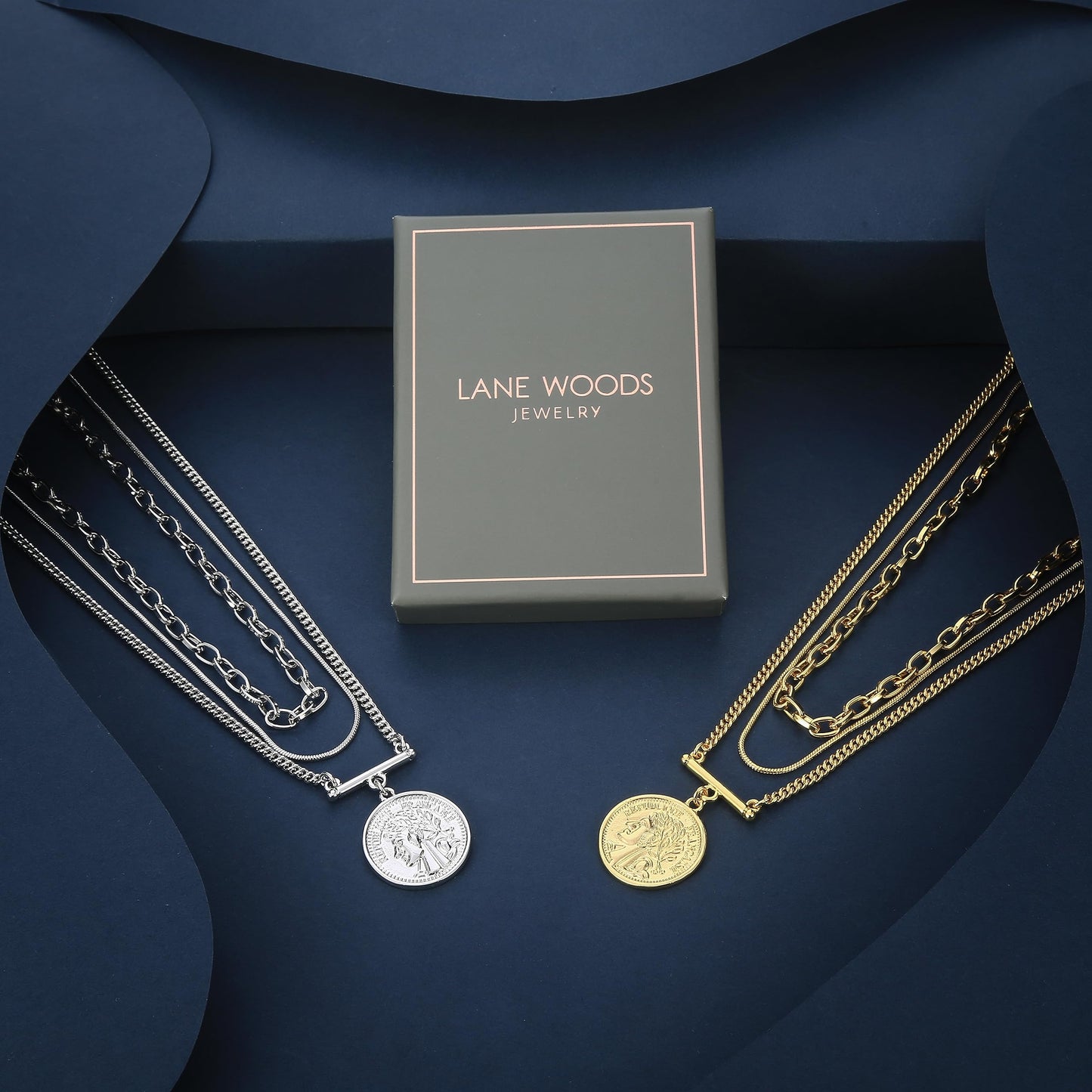 LANE WOODS Gold Plated Necklaces for Women - Multilayer Coin Medallion Pendant Necklace Adjustable Layering Choker Necklaces Chain Set Jewelry（Coin Medallion-Silver）