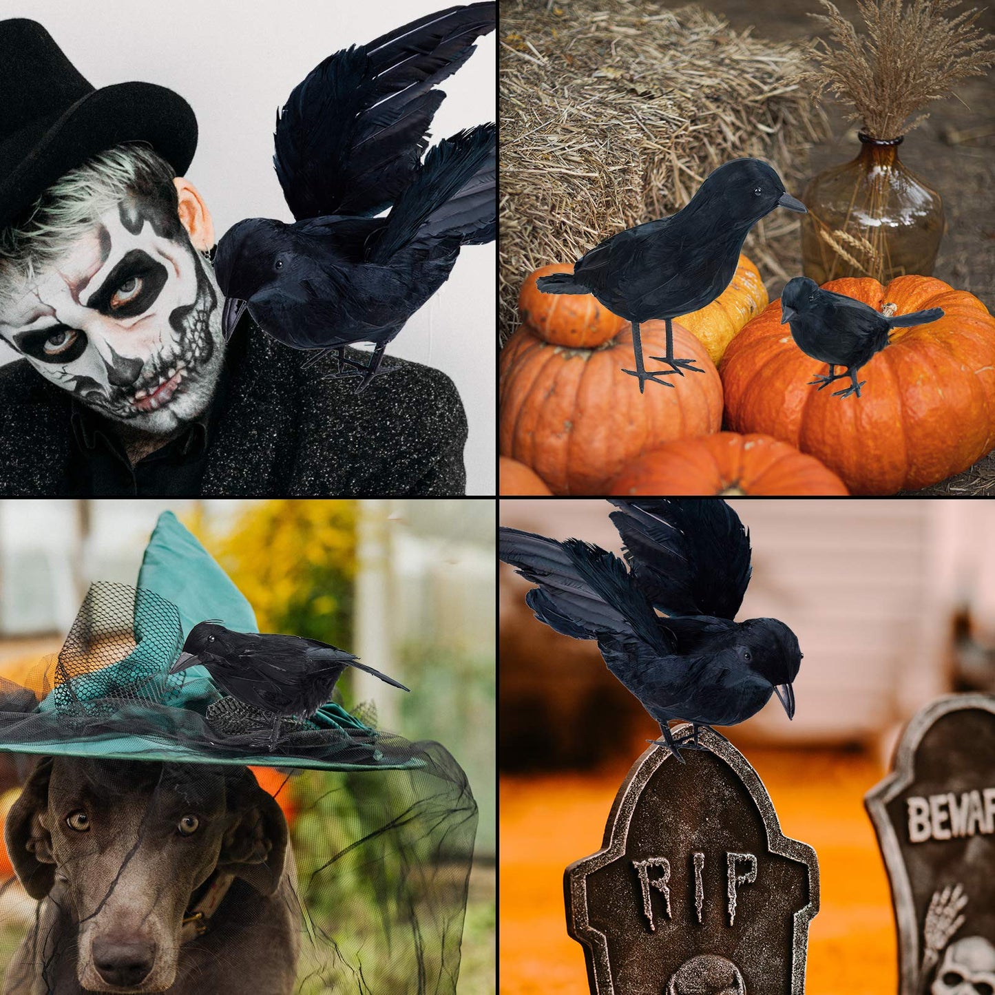 Darnassus 3-Pack Halloween Black Feathered Crow Realistic Handmade Crow Prop for Halloween Party Outdoors and Indoors Decoration