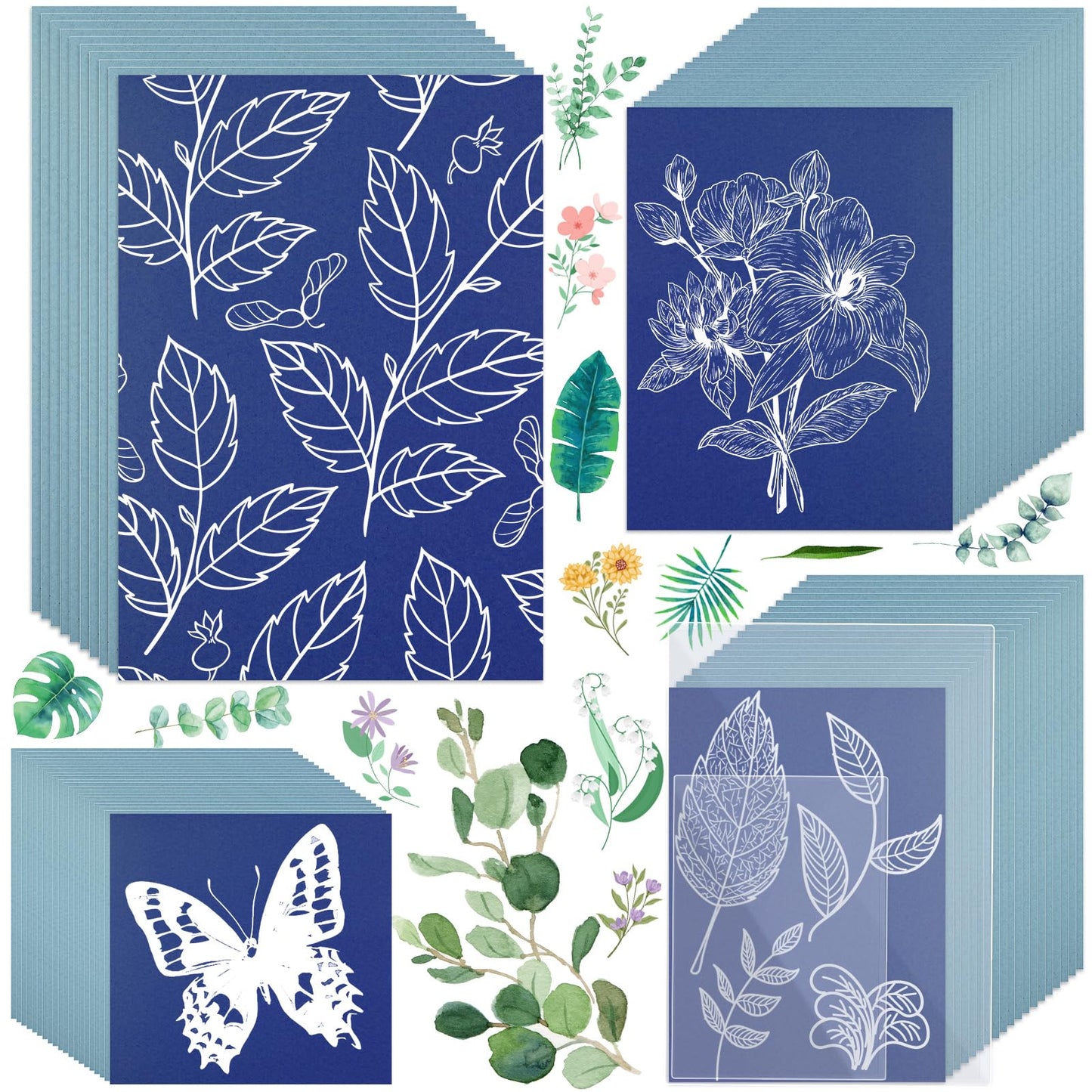 gisgfim Sun Cyanotype Printing Paper Kit A4 A5 A6 4 inch Paper 100 Sheets with 2 Sheet PVC Board and 1 Pc Manual High Sensitive Nature Solar Activated UV Sun Printing for Arts DIY Crafts Project