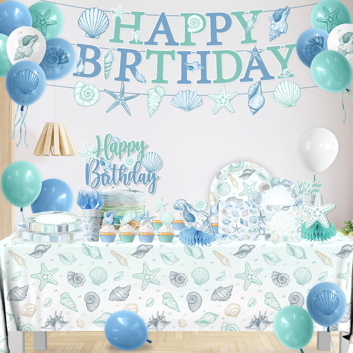 Seashell Birthday Decorations,190pcs Beach Party Supplies Coastal Party Decorations Plates and Napkins Cups Tablecloths,Cake Topper,Balloon for Ocean Theme Birthday Decorations,Serves 24