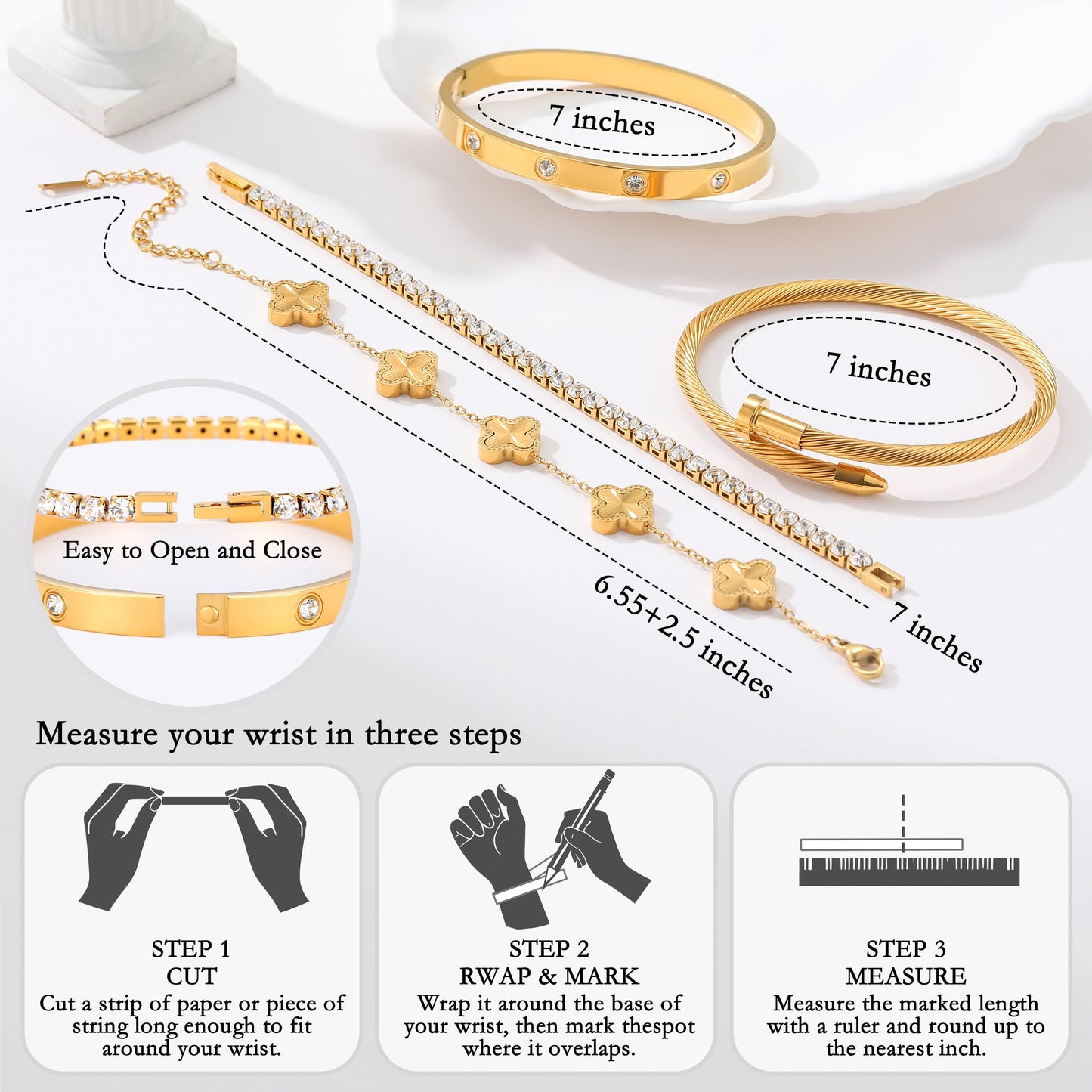 Jzrow 18K Gold Plated Bangle van cleef Bracelets Stack for Women,Four Leaf Clover Stackable Bracelets Non Tarnish,4 Pcs Jewelry sets Gifts (Gold)