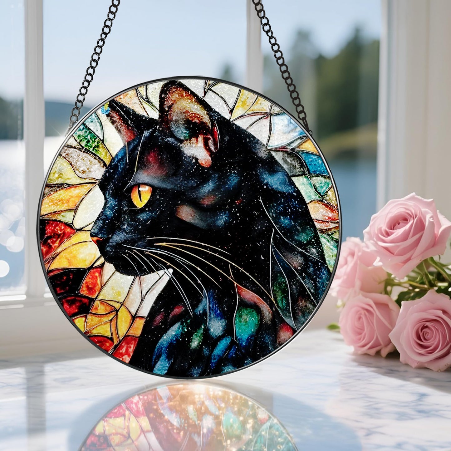 DOUHASU 8″ Stained Glass Window Hanging Ornament, Black Cat Stained Glass Suncatcher Ornament, Sun-Catcher Window Decor | Gifts for Cat Lovers, Pet Lover Gift
