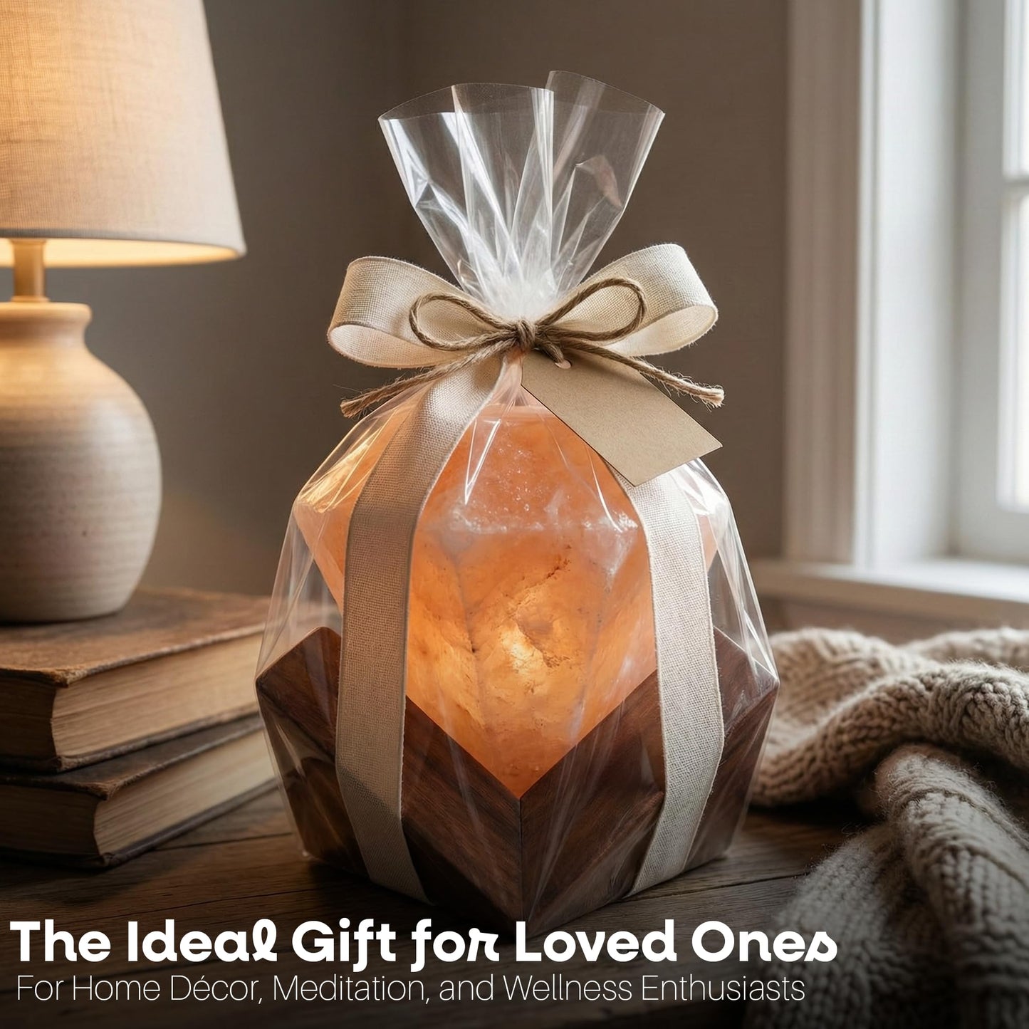 Himalayan Salt Lamp Diamond Shape – Hand-Carved Pink Rock Salt Light with Dimmer, Warm Mood Lighting for Bedroom, Home & Office – Wooden Base