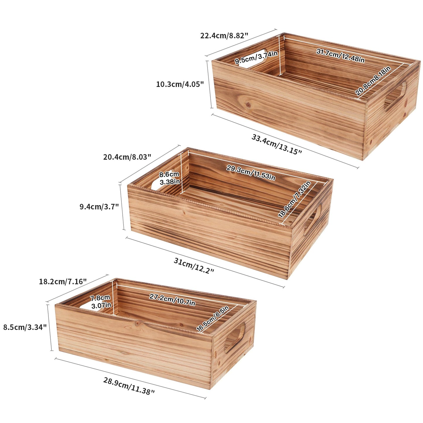 PHOENANCEE Wood Crates For Display,Rustic Crate Storage Decorative Boxes Set of 3,Wooden Nesting Box with Handles Farmhouse Container Basket Bin Home Decoration,Solid Pine,L+M+S