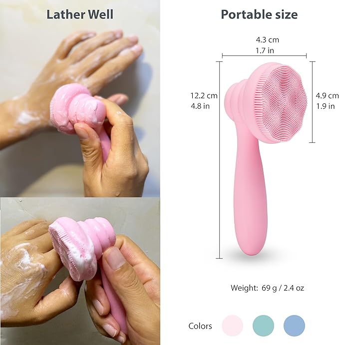 2 PC Silicone Facial Cleansing Brush Facial Scrubber Manual Exfoliating Facial Brush Face Cleanser Face Exfoliator Ultrafine Bristles for Sensitive Skin Easy to Clean Lather Well(Pink&Blue)