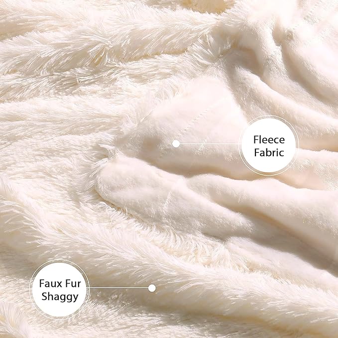Tuddrom Decorative Extra Soft Faux Fur Blanket Queen Size 80"x90",Solid Reversible Fuzzy Fluffy Plush Fur Blanket for Couch Sofa Bed,Cream White