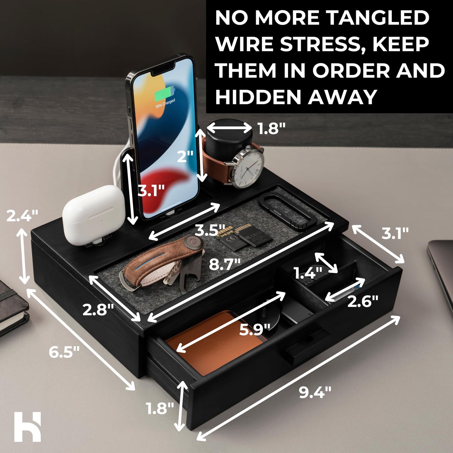 Holme & Hadfield Premium Wooden Phone Docking Station with Drawer – Nightstand Organizer for Charging Phone & Earbuds – Declutter Your Space with Felt-Lined Protection & Watch Pillar – Gift For Men