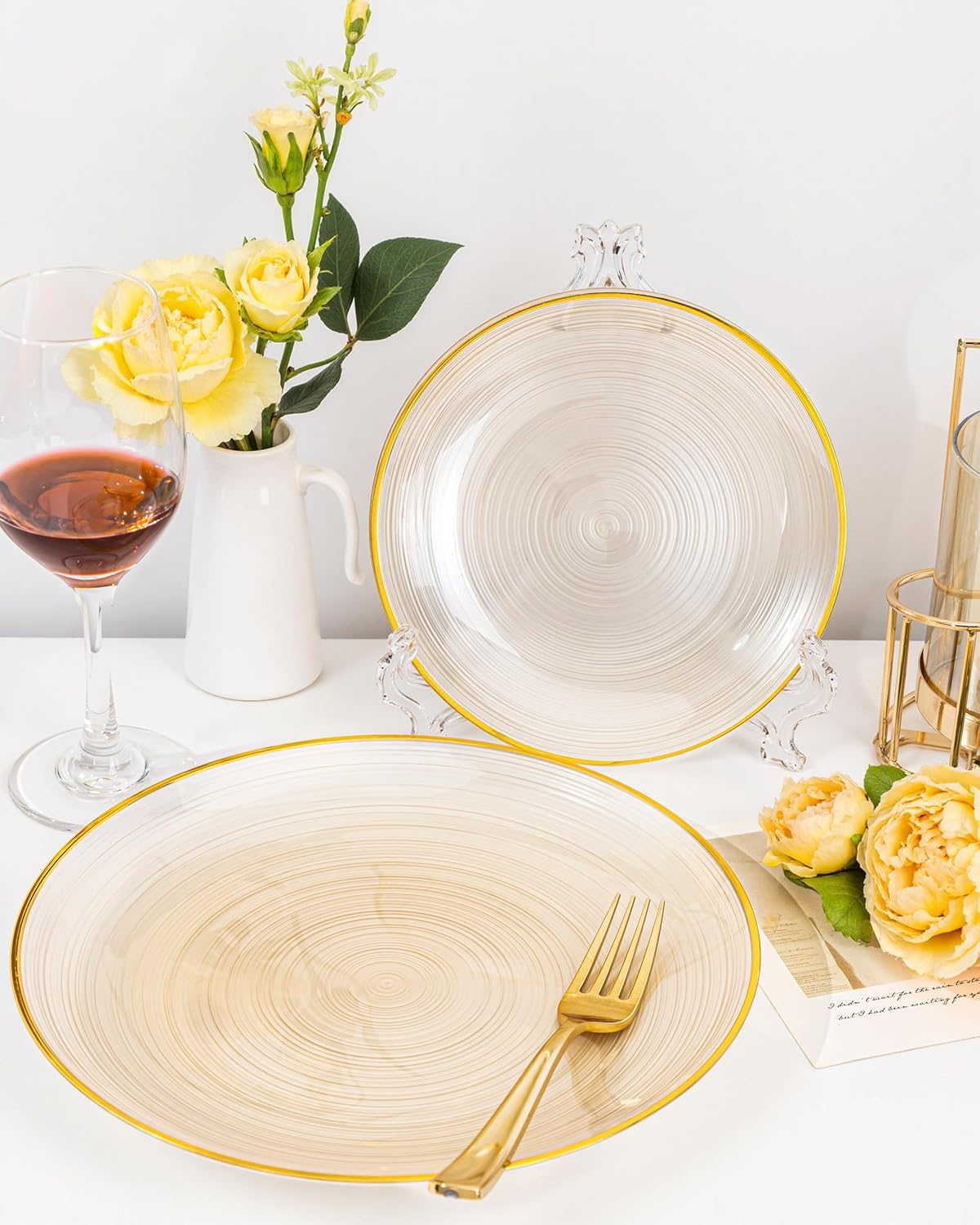 Morejoy 350PCS Clear Brown Plastic Plates - Disposable Gold Party Plates & Pre Rolled Napkins with Cutlery for 50 Guests, 100Plates, 150Silverware, 50Cups, 50Napkin for Party & Thanksgiving