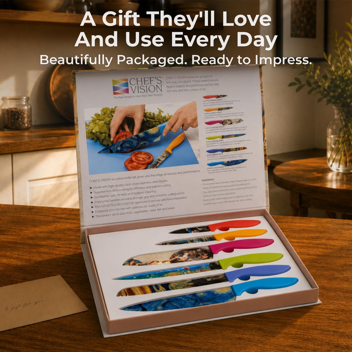 CHEF'S VISION Masterpiece Knife Set -6-Piece Stainless Steel Cutting Knives Set for Kitchen - Stunning Artistic Designs, Great Gift for Women or Men - Unique Kitchen Knife Set Gift for Art Lovers