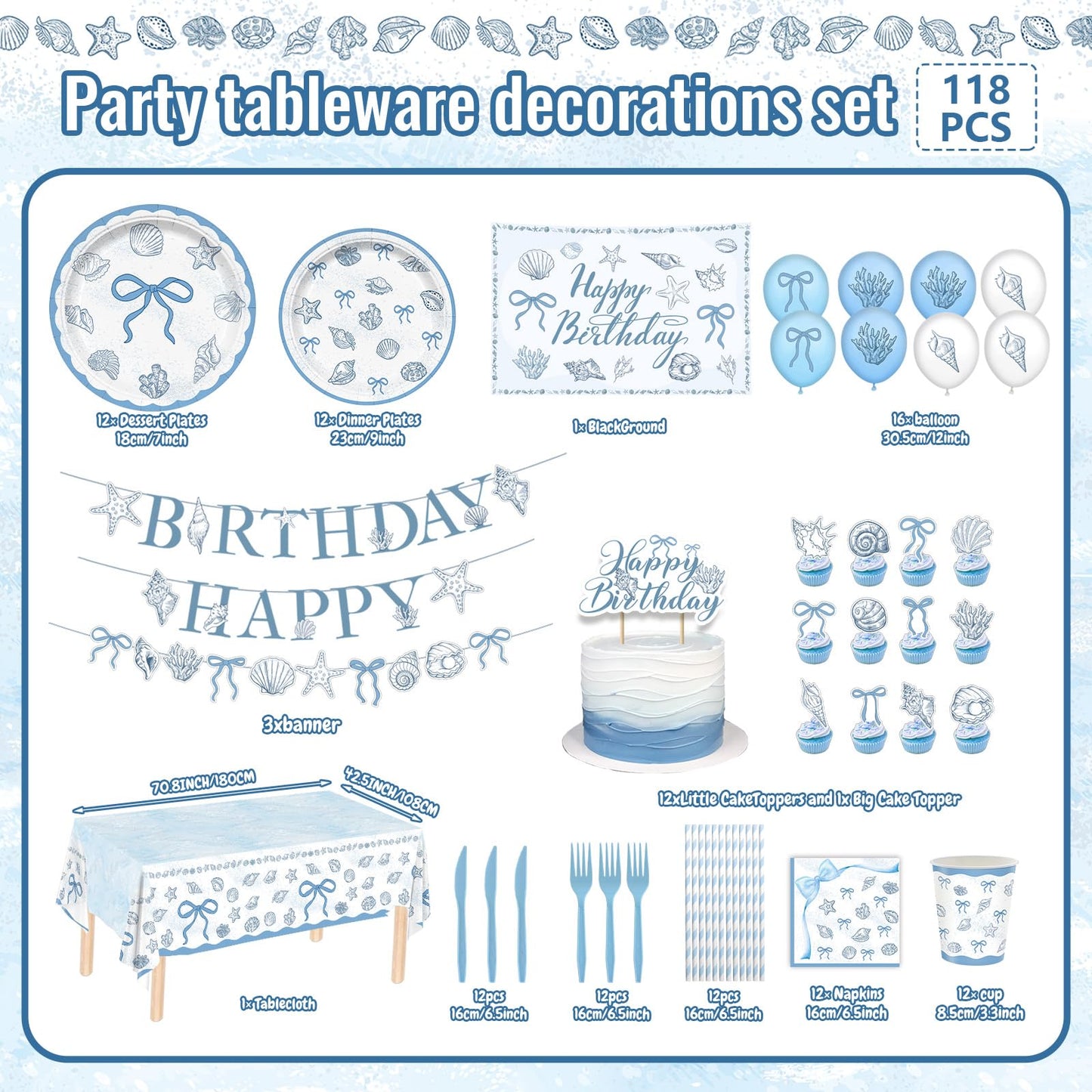 Seashell Birthday Party Decorations Include Balloons-Cake Topper-Cupcake Toppers-Banner-Backdrop-Plates-Beach Tablecloth-Napkins-Cups-Straw and Cutlery for The Summer I Turned Pretty Party Decor