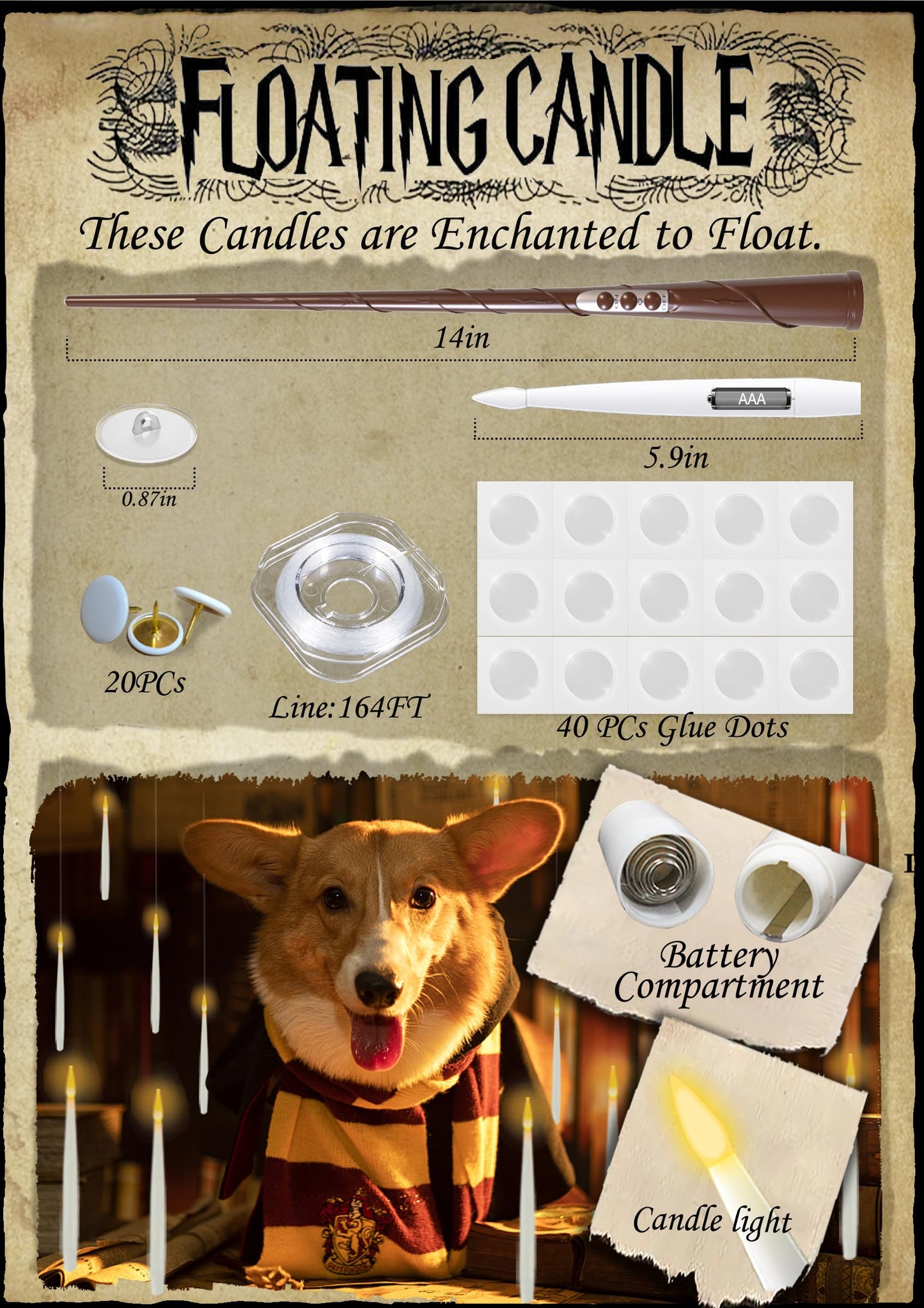 Floating Candles, 20PCs Floating Candle with Wand, Magic Hanging Candles Flickering Warm Light Flameless Floating LED Candle, Battery Operated Taper Candle Set for Birthday Theme Party, Gift for Kids